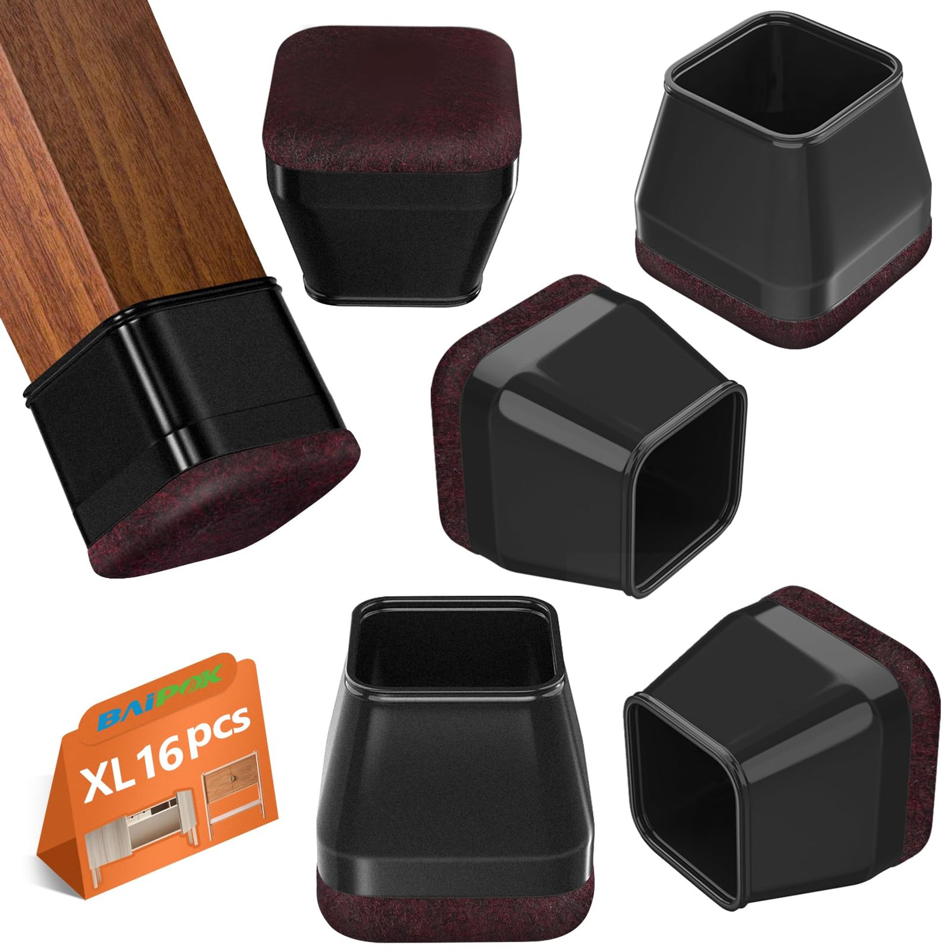 Square Chair Leg Protectors Silicone Furniture Feet Covers for Hardwood Floors with Felt Pads, Anti-Slip and Noise Reduction - Dark Red XL(41-50mm)