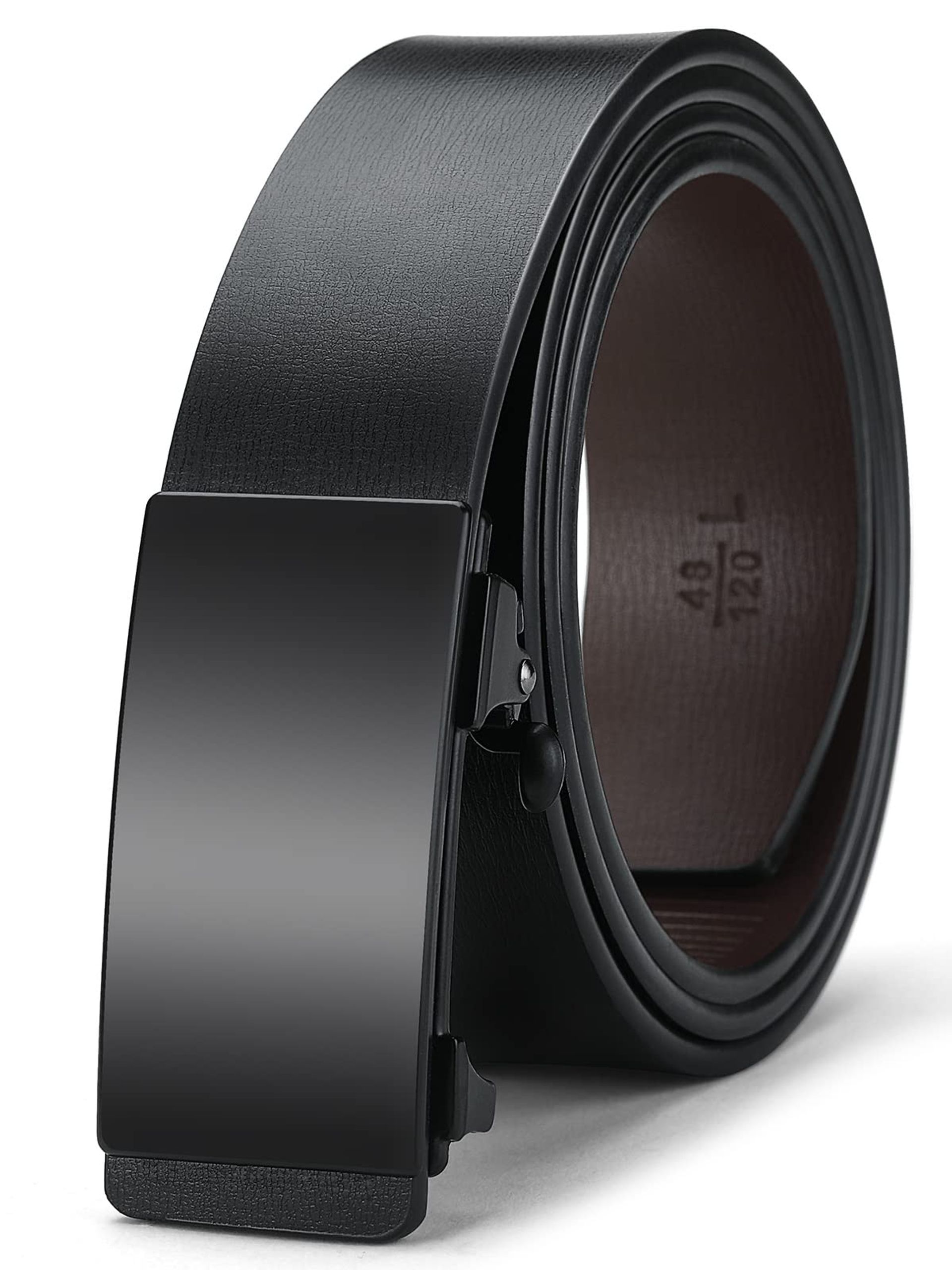 Men's Black Leather Ratchet Belt - Adjustable Sliding Buckle Dress & Casual Waist Size 36-42"