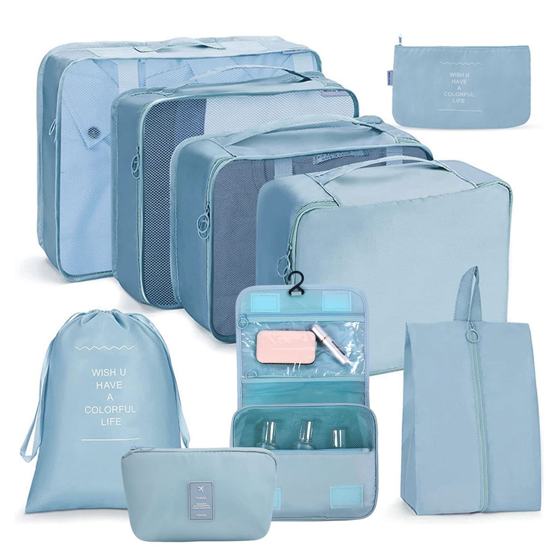 9 PCS OSDUE Foldable Waterproof Packing Cubes Set with Shoe Bag - Travel Organiser in Pink, Black, Blue & More