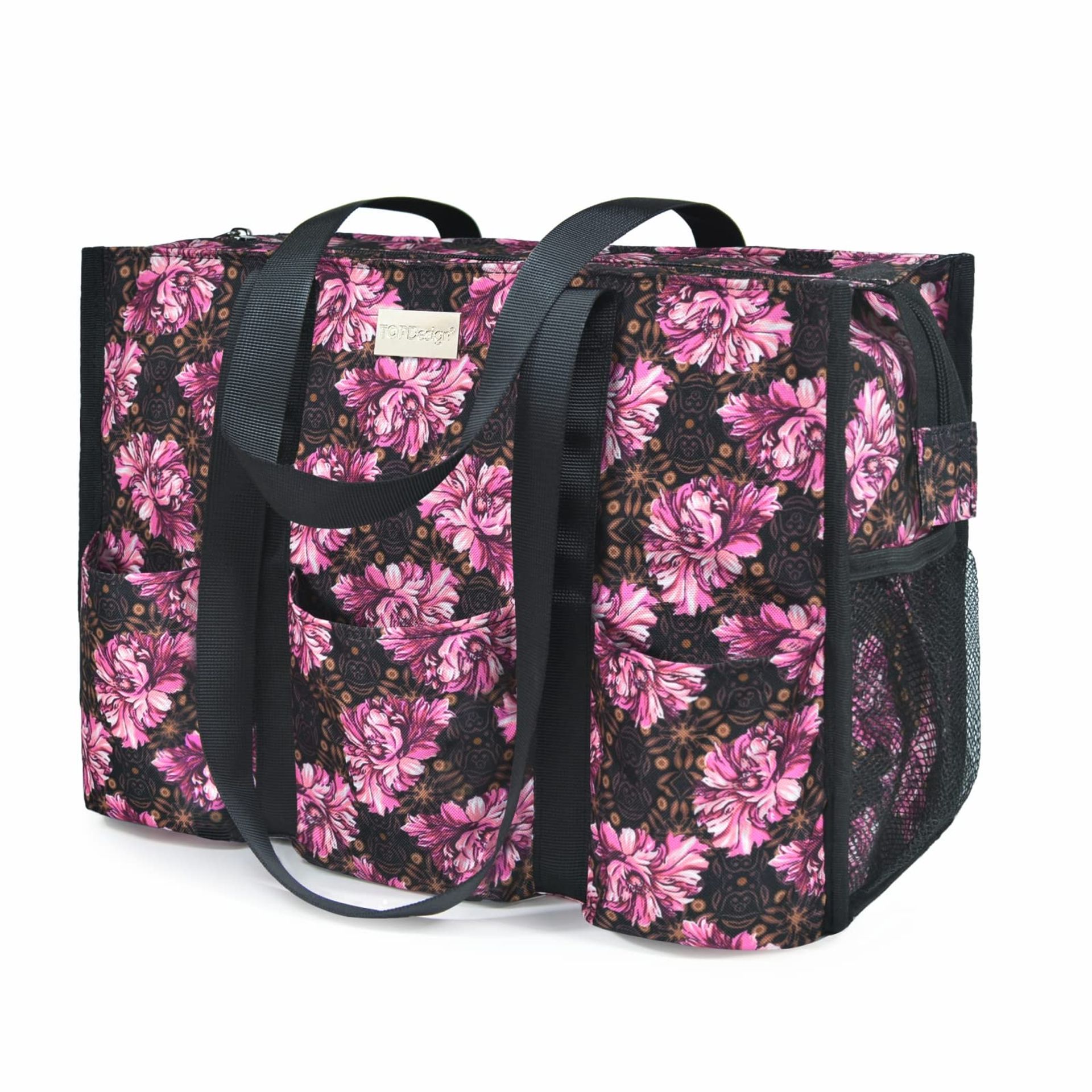 Utility Tote Bag Water Resistant with 13 Organiser Pockets & Zipped Top for Work or Daily Use - Baroque Carnation M