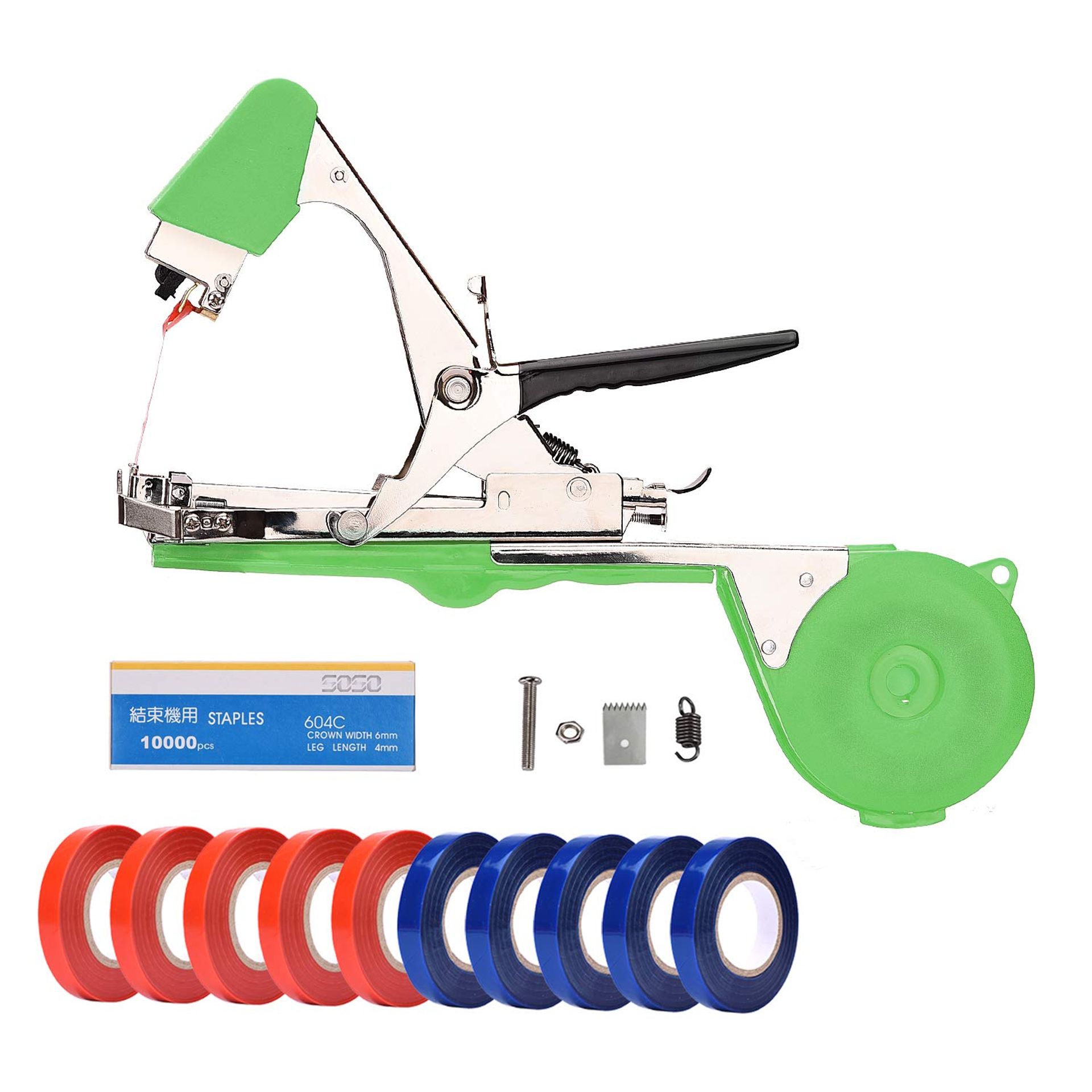 Garden Plant Tying Tool for Vines, Tomatoes, Fruits & Vegetables with 10 Tape Rolls & Staples - Easy Binding Machine