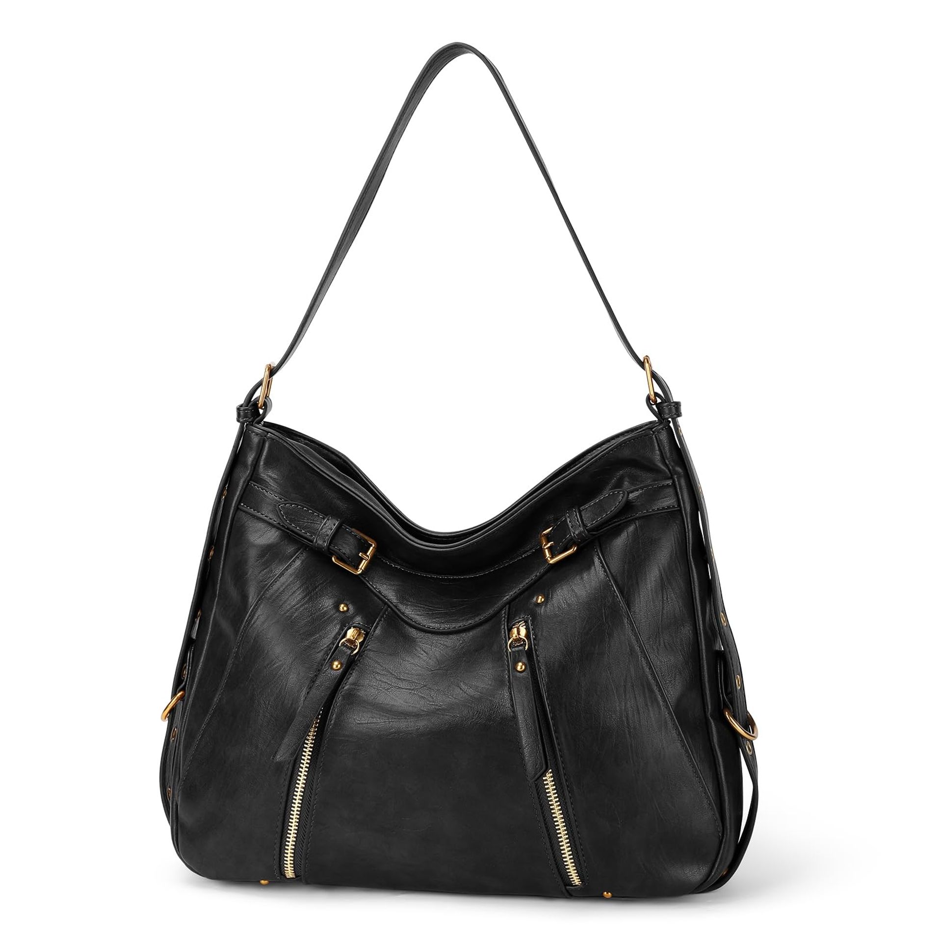 Women's Handbag Large Hobo Tote Shoulder Bag Soft PU Leather Multi-Pocket Design - Black