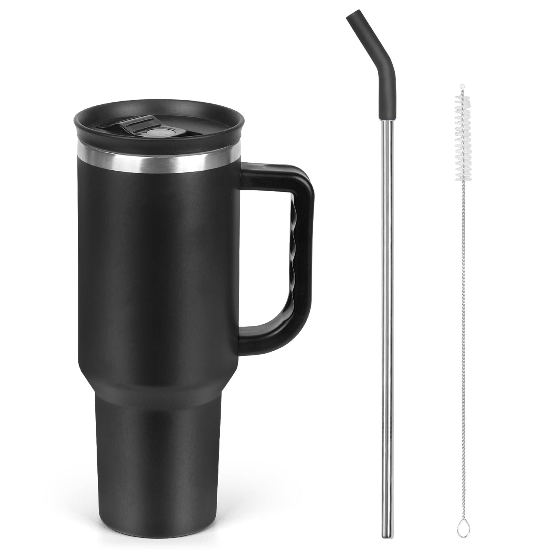40oz Black Stainless Steel Travel Mug with Straw, Insulated Tumbler for Hot & Cold Drinks, Car Cup Holder Friendly