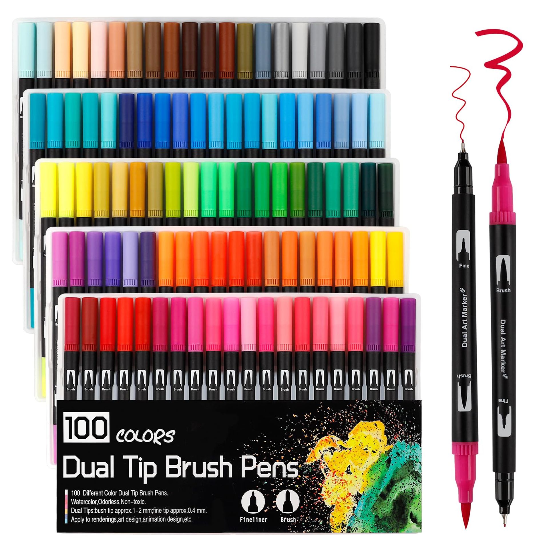 Dual Tip Brush and Fineliner Pens Set 100 Water-Based Art Markers for Drawing Colouring Calligraphy Painting - 100 Colours Pack of 100