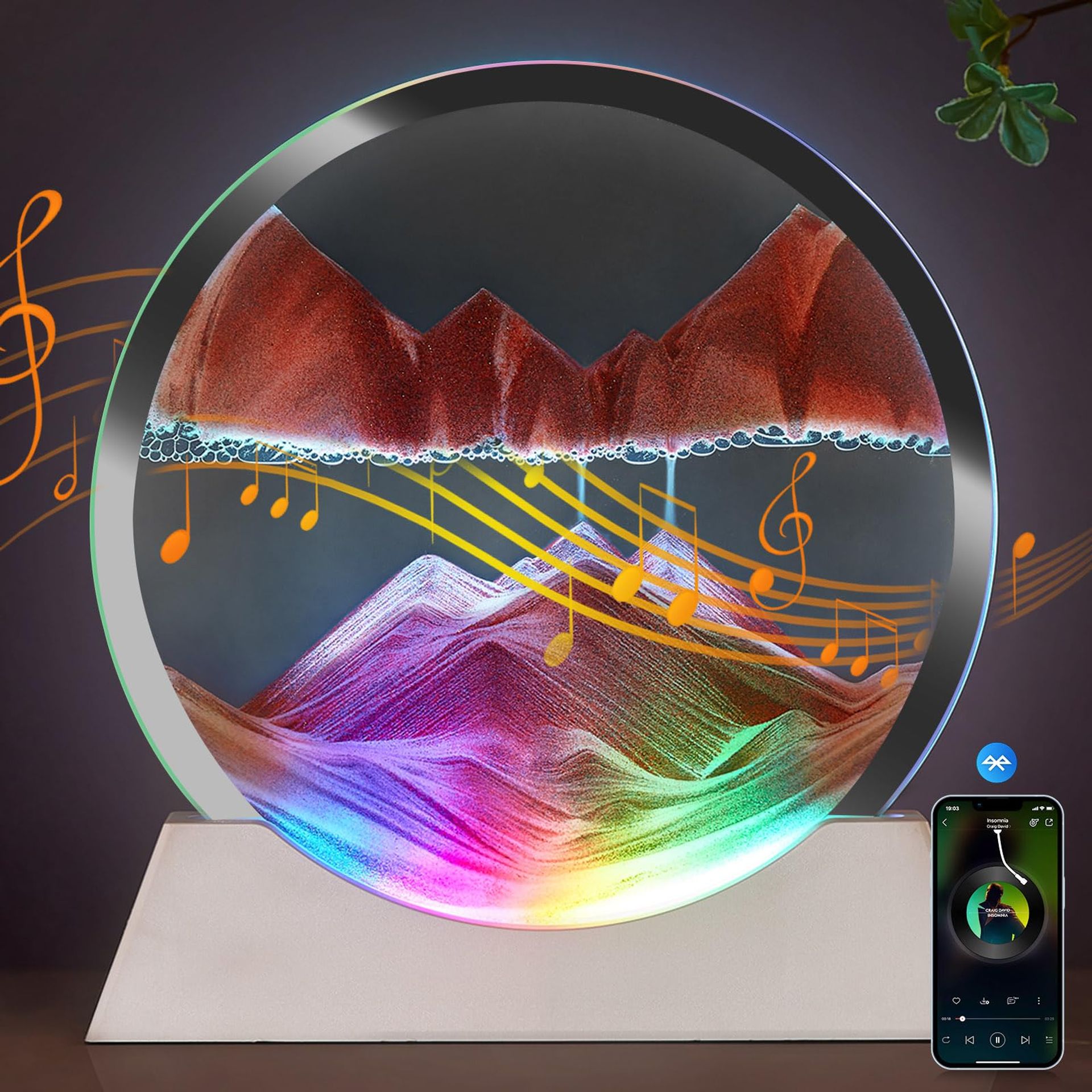 Moving Sand Art Picture with Bluetooth Speaker & RGB Night Light – Rechargeable Desk and Home Decor Lamp