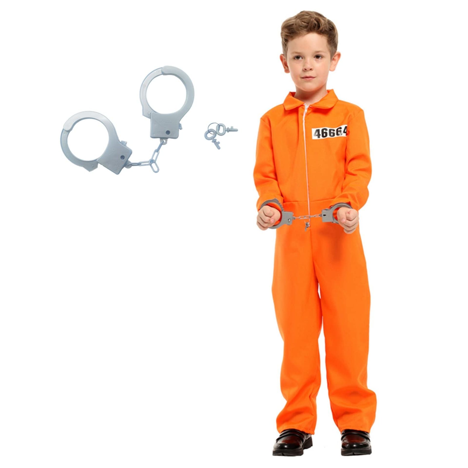 Kids Prisoner Costume Halloween Fancy Dress Jumpsuit with Handcuffs - Orange 105-115cm
