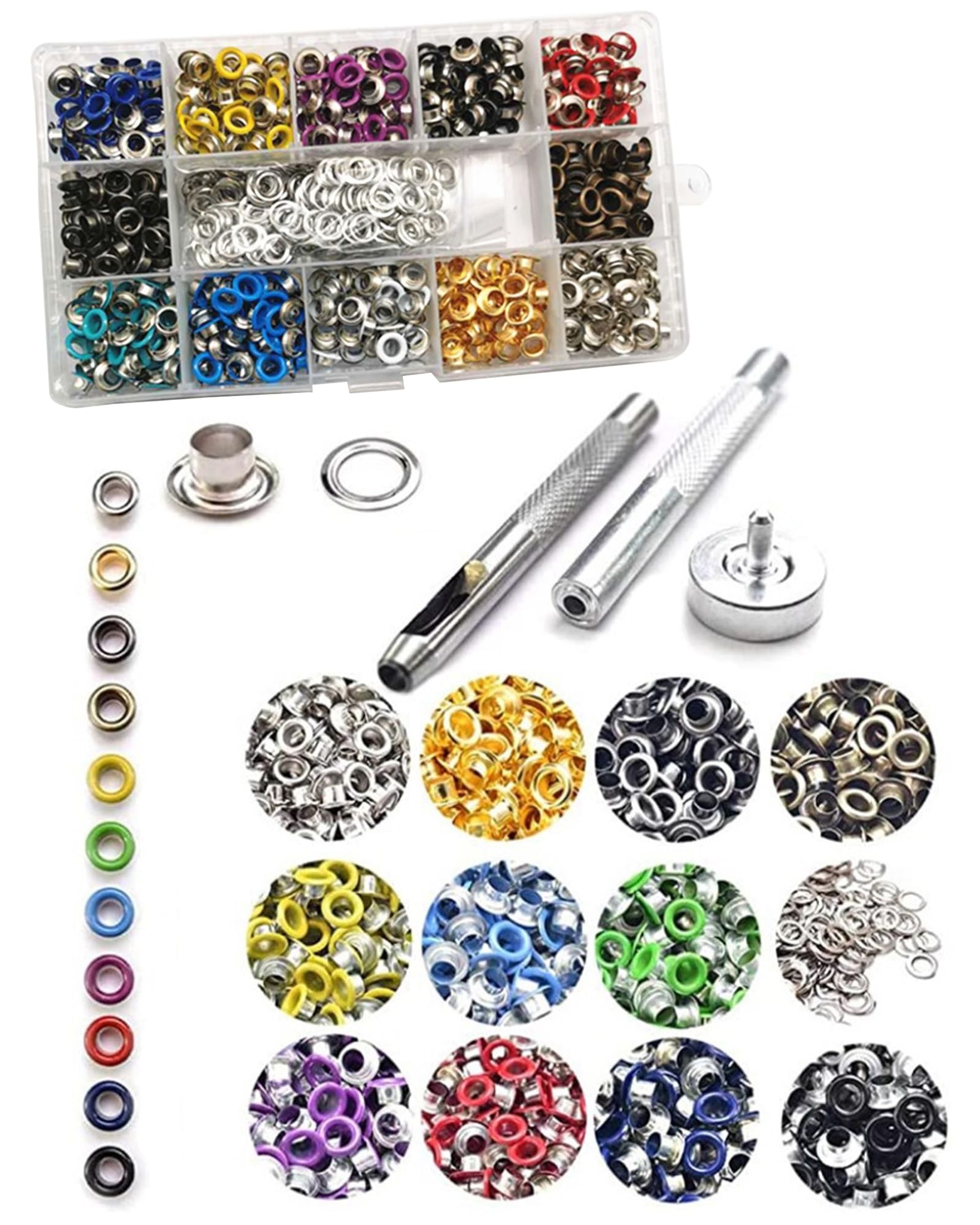 700 Pcs Eyelet Punch Kit with Hole Punch Tool 5mm Grommets for Leather, Fabric, Canvas, Tarpaulin, Banners and Curtains - Multi-Colour 12 Styles