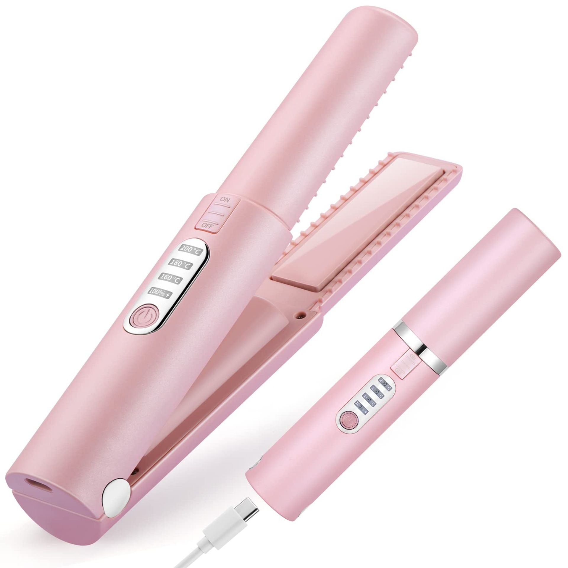 Cordless Hair Straightener and Curler 2-in-1 USB-C Rechargeable 3 Heat Levels 4800mAh Battery - Pink One Size - Valentines