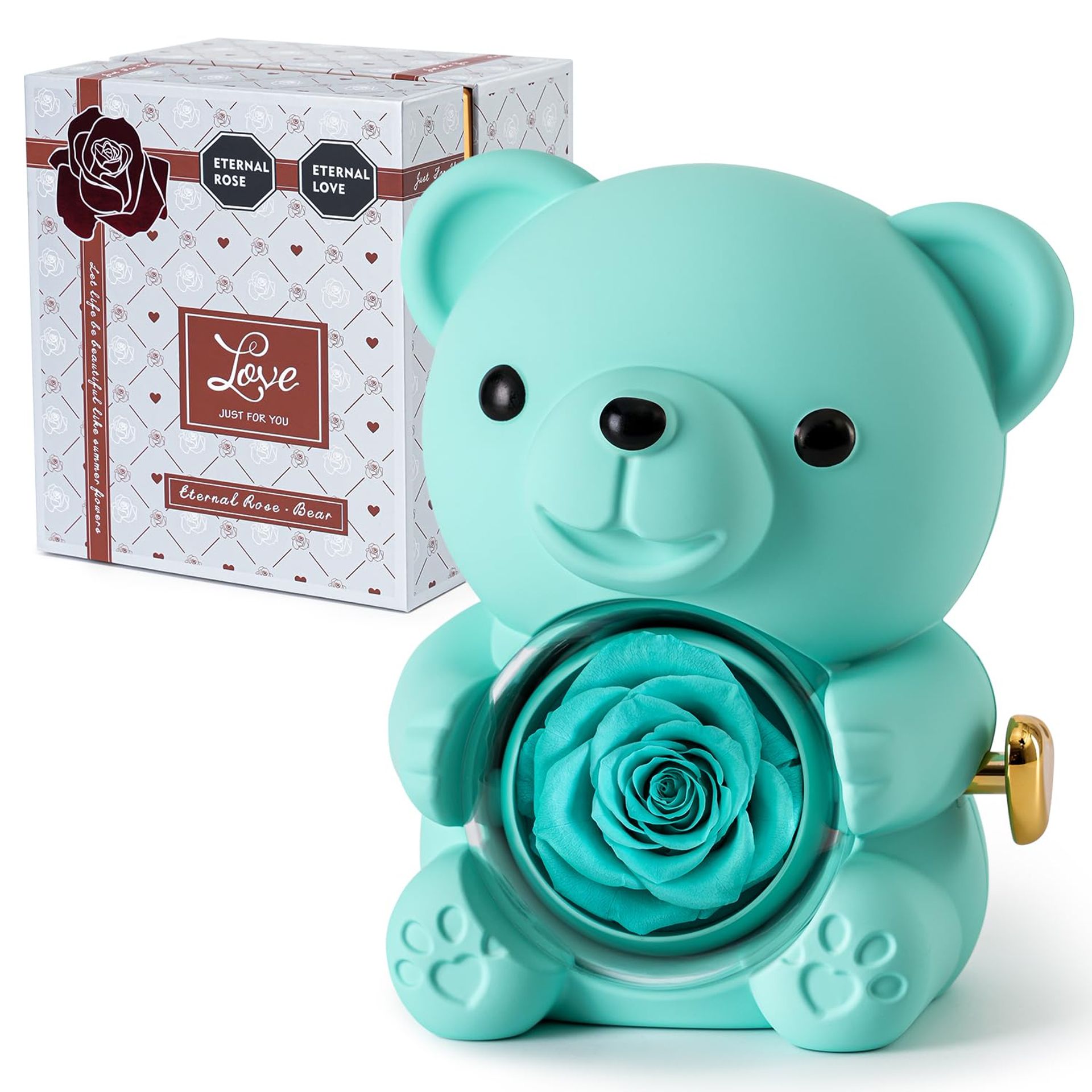 Light Blue Teddy Bear with Preserved Real Rose and Heart Necklace Gift Set - Light Blue Grey Box - Valentines