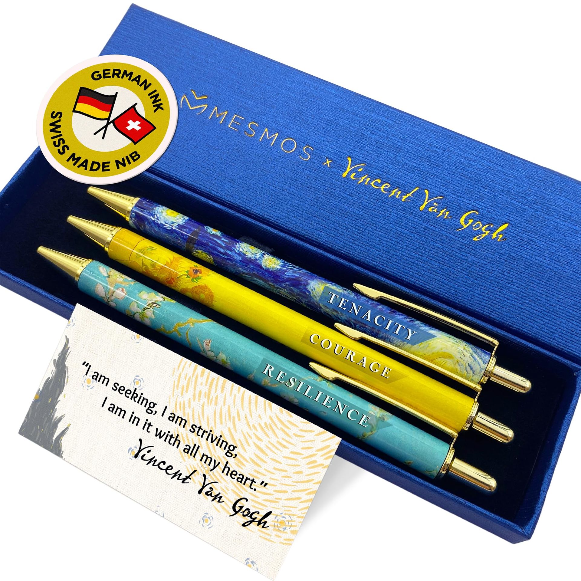 Fancy Pen Set Motivational Writing Pens for Office & Gifts - Blue, Yellow, Teal Van Gogh Strength Series