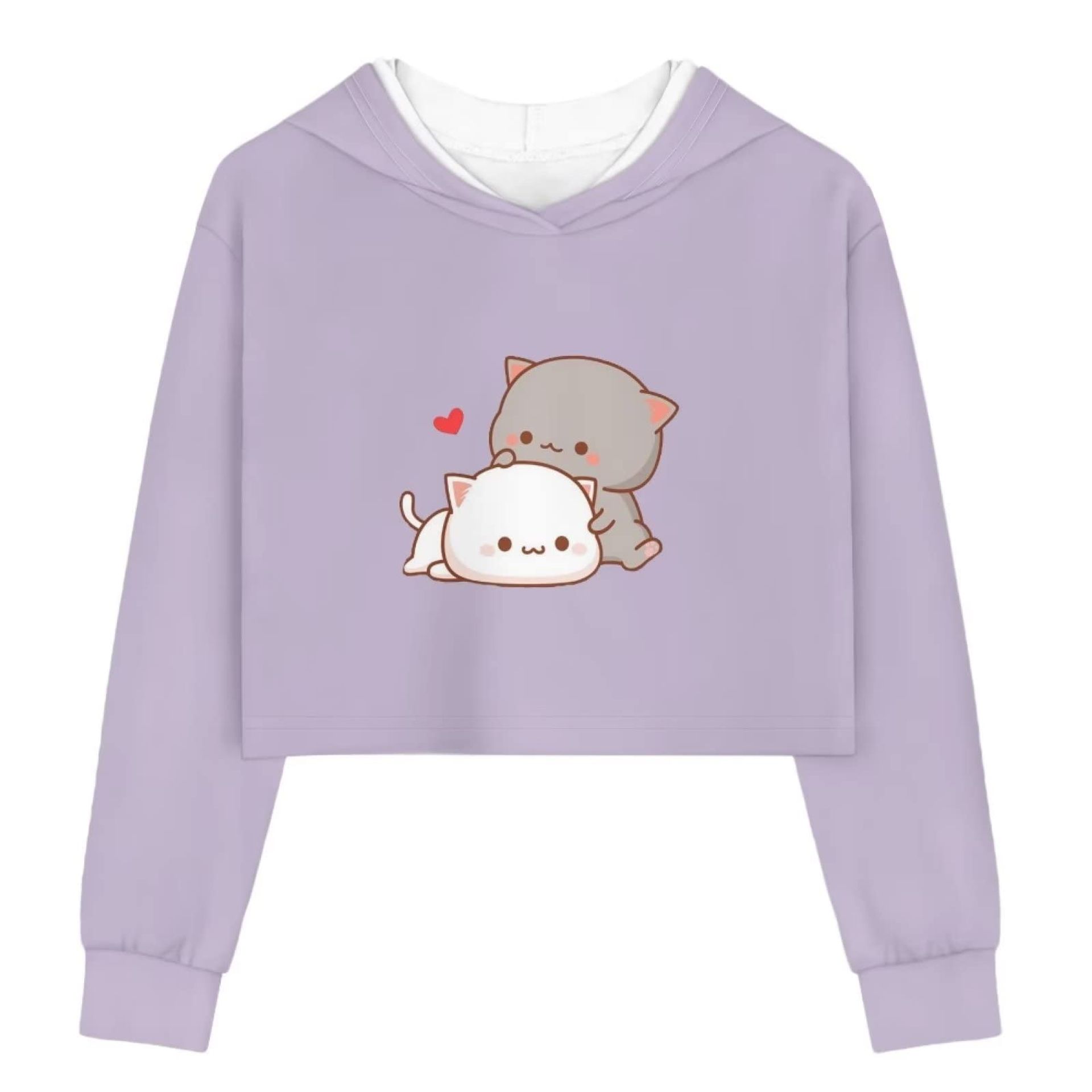 Girls Crop Hoodie Long Sleeve Cat Print Casual Athletic Sweatshirt Pullover for Teens - Cute Cat Purple 11-12 Years
