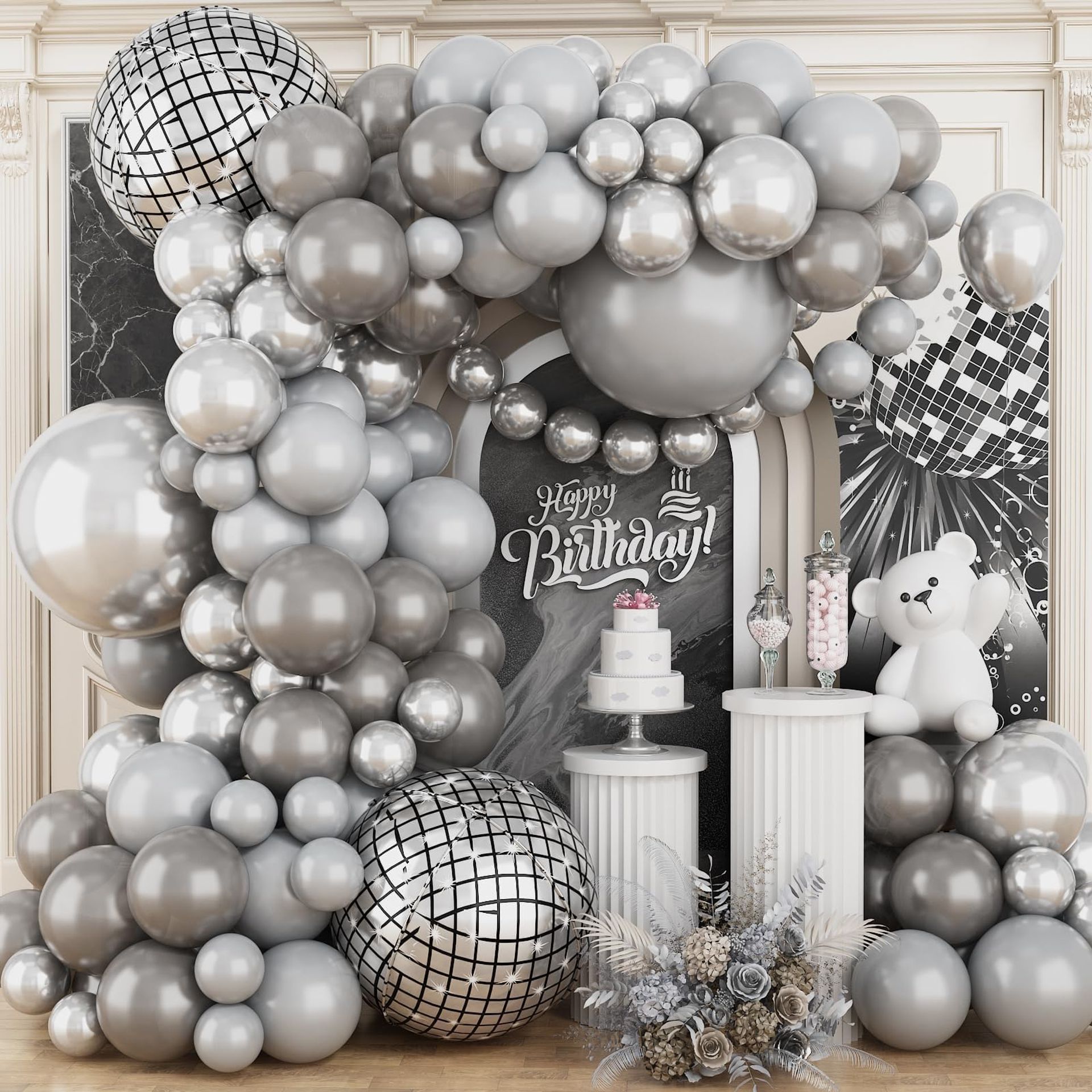 Balloon Garland Arch Kit 120 Pcs Metallic Latex Balloons for Parties Weddings and Celebrations - Grey Silver 5/10/12/18 inch