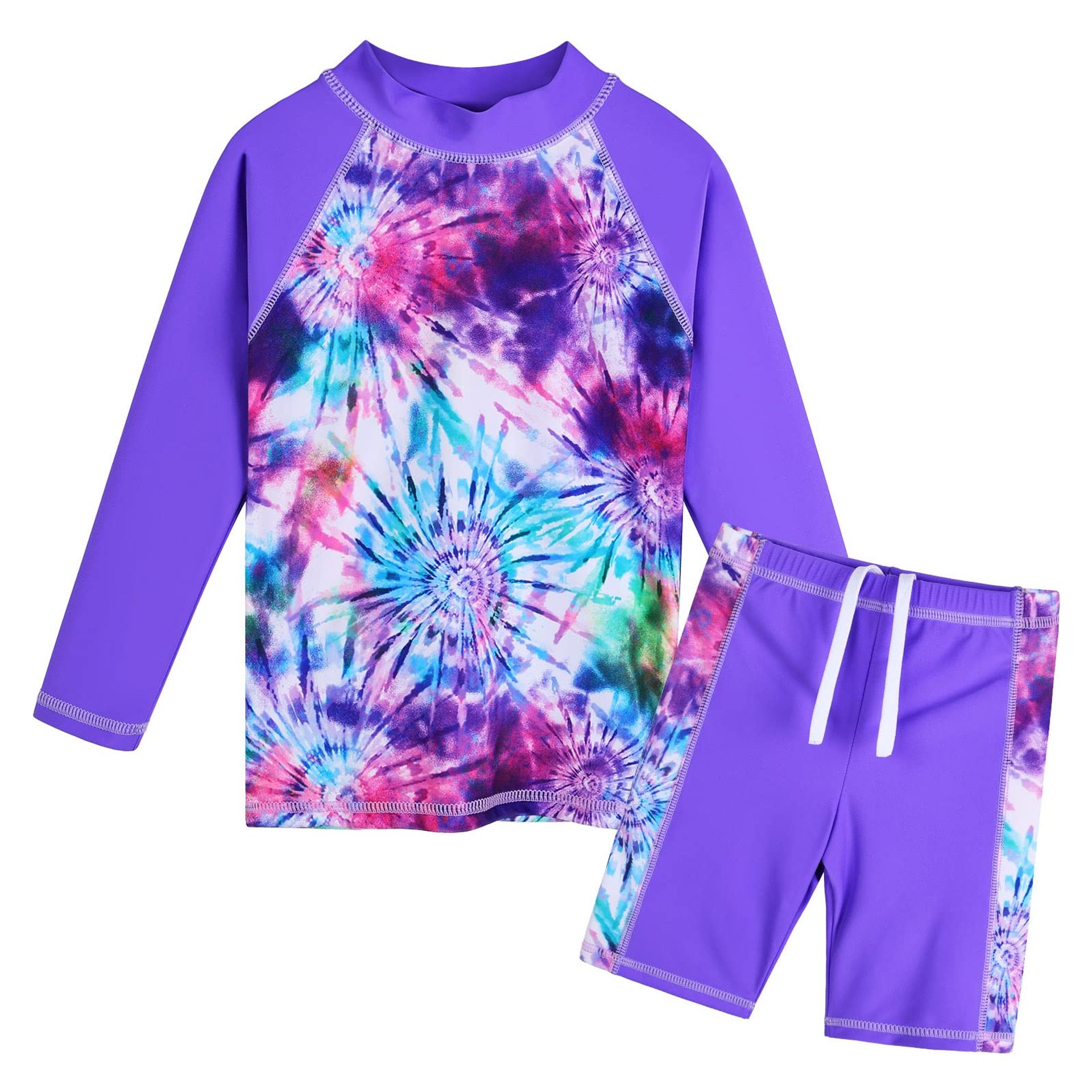 Girls 2-Piece Long Sleeve Swimwear UPF 50+ Sun Protection Quick Dry Swimsuit - Purple Tie-Dye 9-10 Years