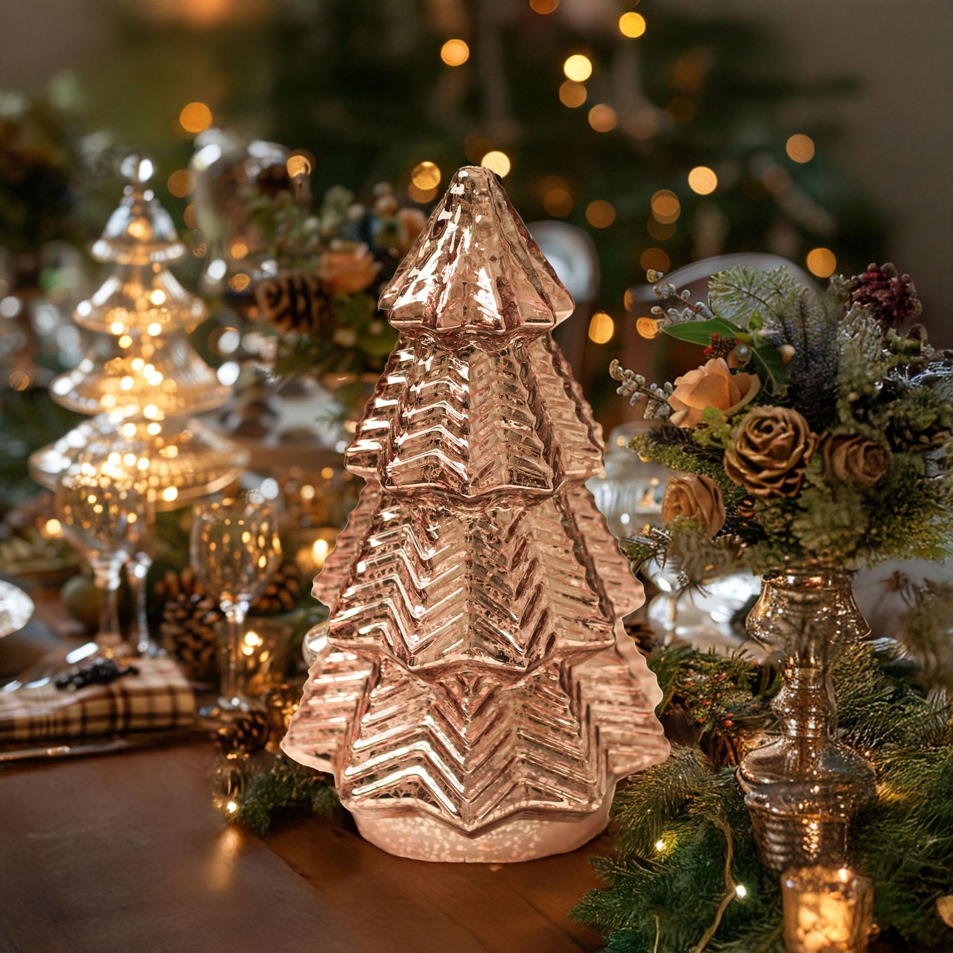 LED Glass Christmas Tree Centrepiece with 7-Colour Lights & 6H Timer, Battery Powered Crackle Glass Design - Rose Gold 20.3cm