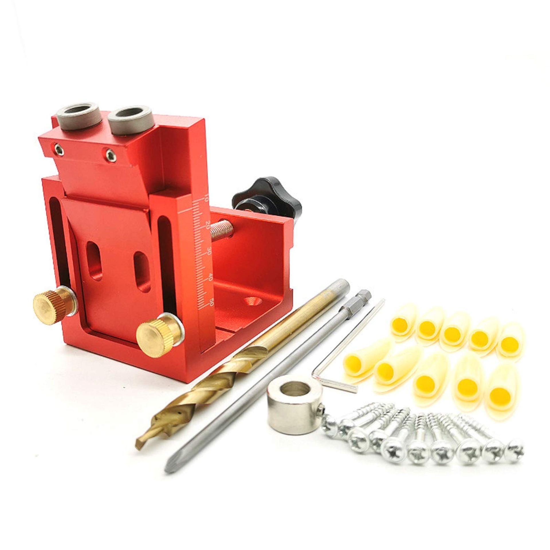 Pocket Hole Screw Jig Kit Self Clamp Drill Guide with Bit, Screwdriver & Screws for Woodworking - Red