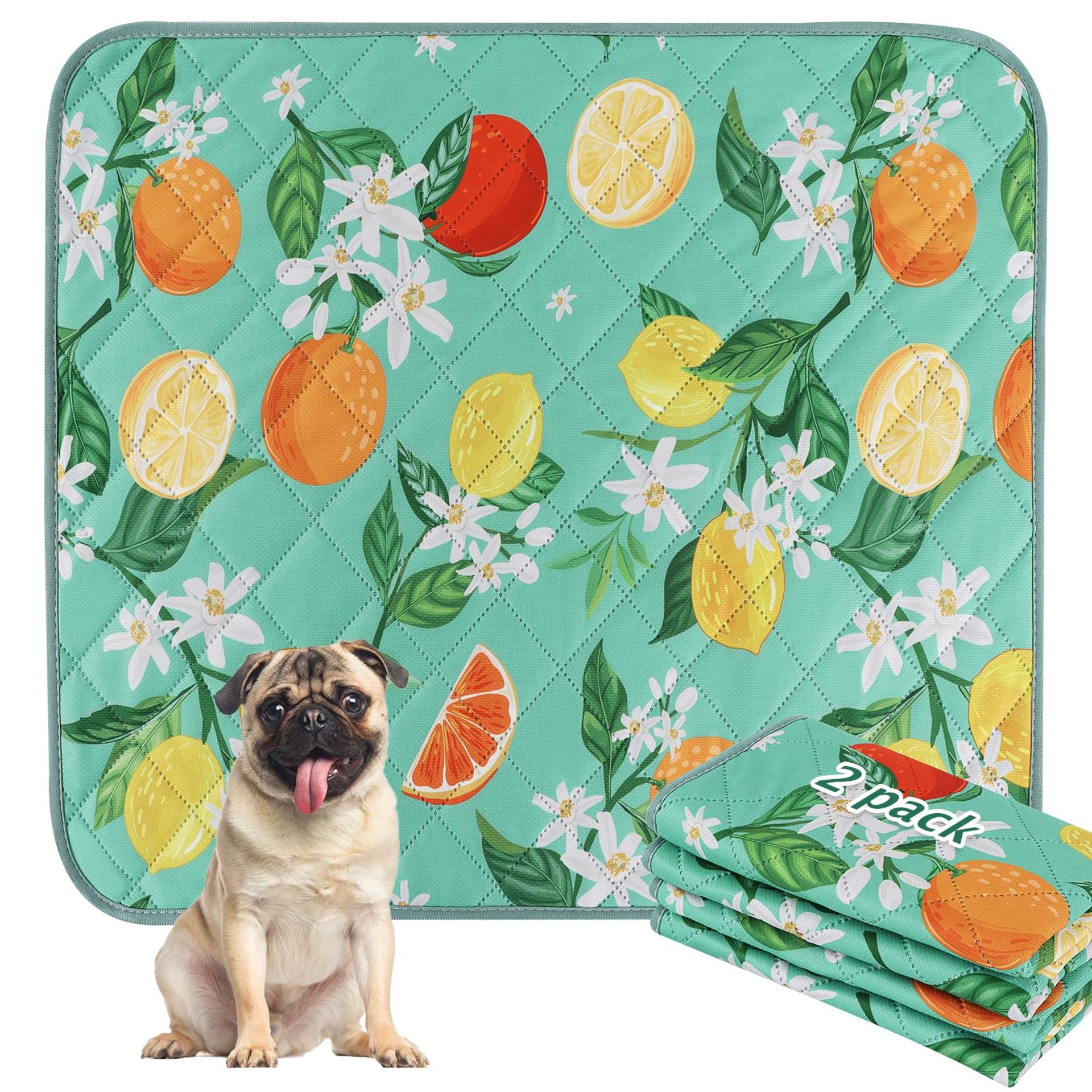 Washable Whelping Pads 2 Pack Leakproof Super Absorbent Non-Slip Dog Mats - Green Lemon 90x60cm