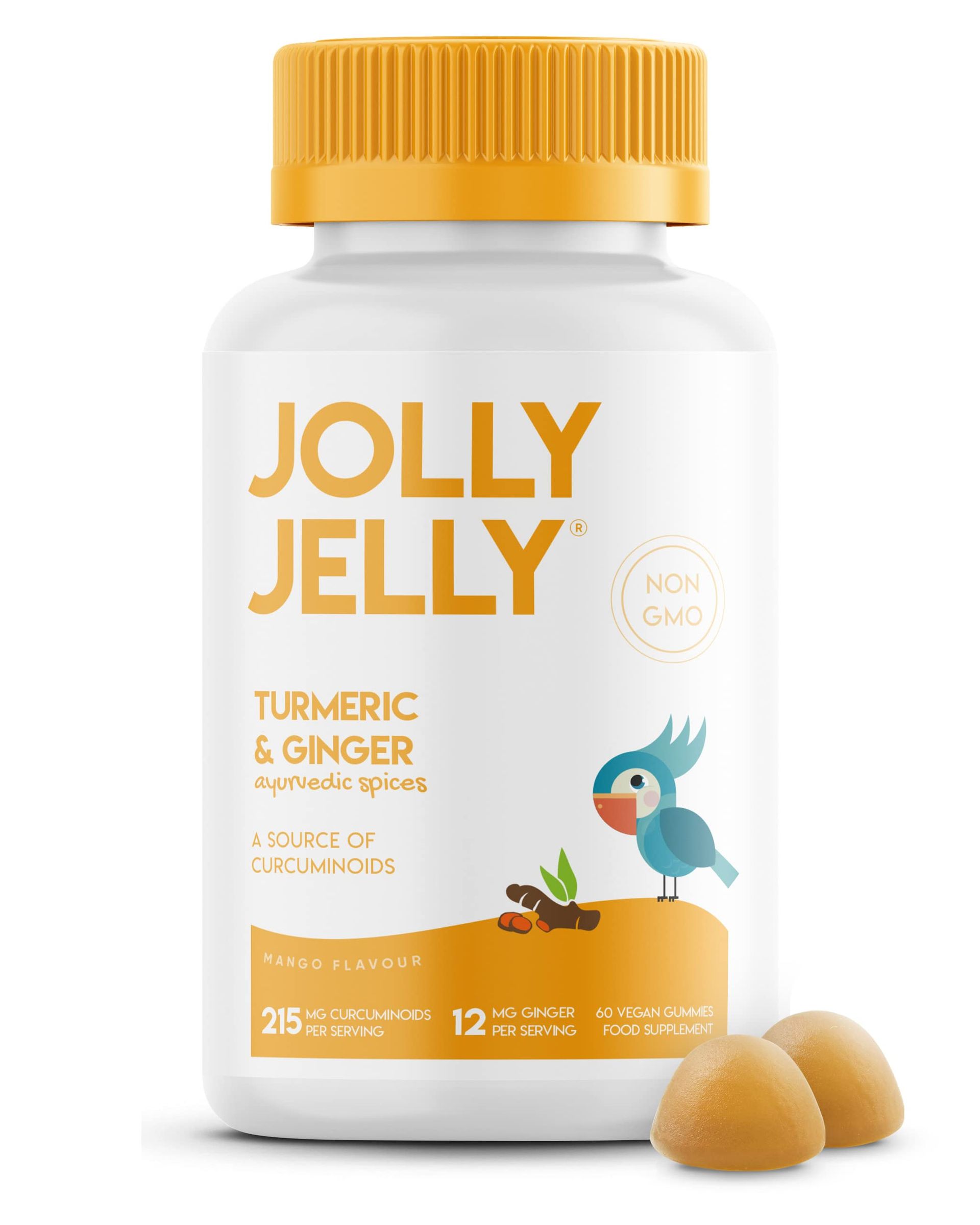Turmeric & Ginger Gummies 16,200mg - High Strength 215mg Curcuminoids - Mango Flavour - 60 Gummies - by Jolly Jelly