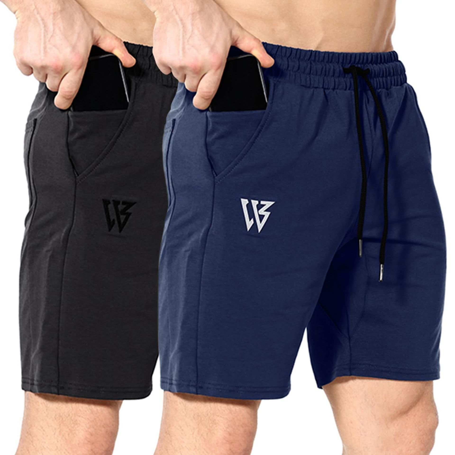 Men's Cotton Gym Shorts 2 Pack Athletic Running Workout with Zip Pockets - Black/Navy S