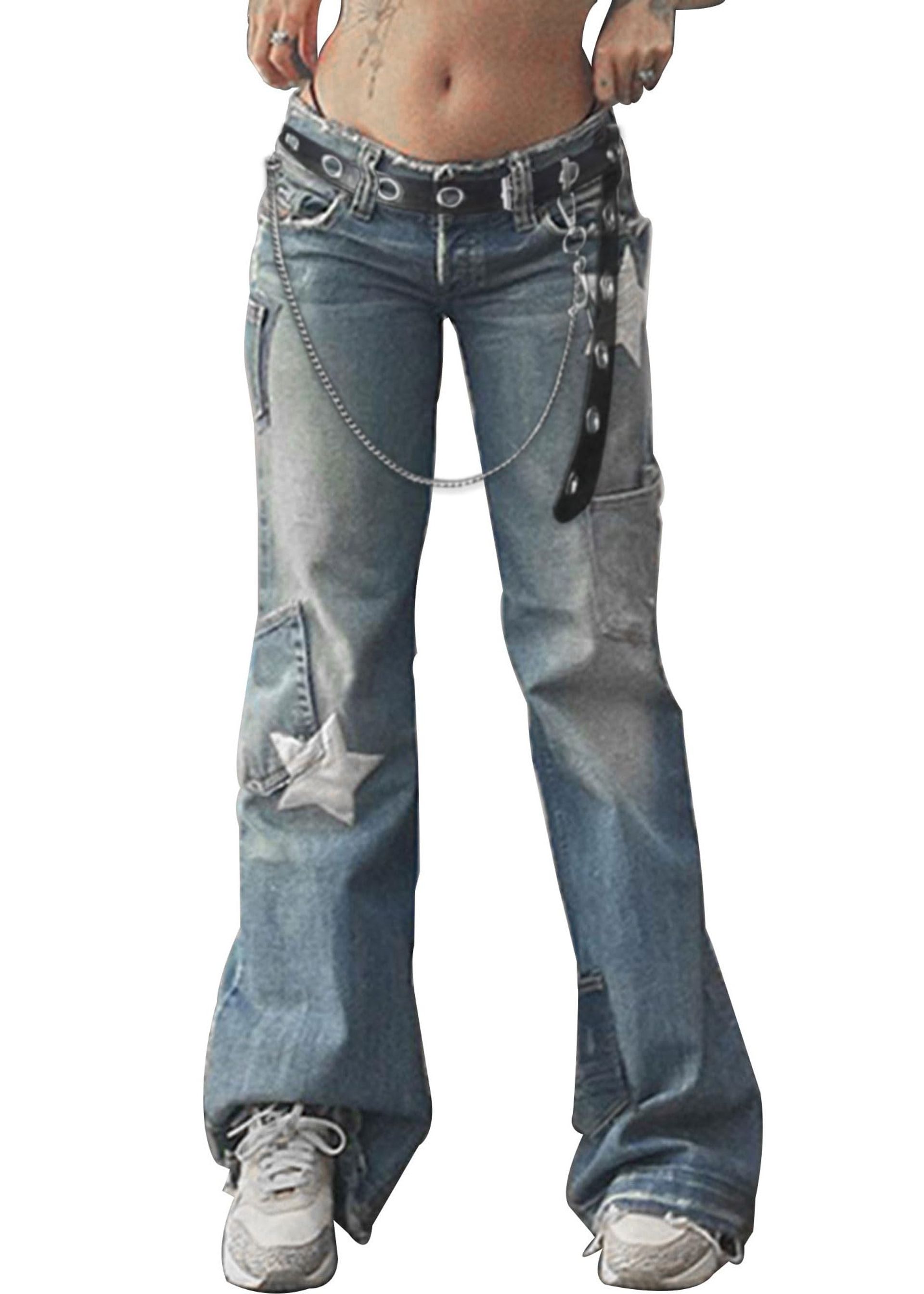 Women's Grunge Patchwork Jeans High Waist Baggy Denim with Belt Raw Hem Y2K Style - X-Blue Jean XL