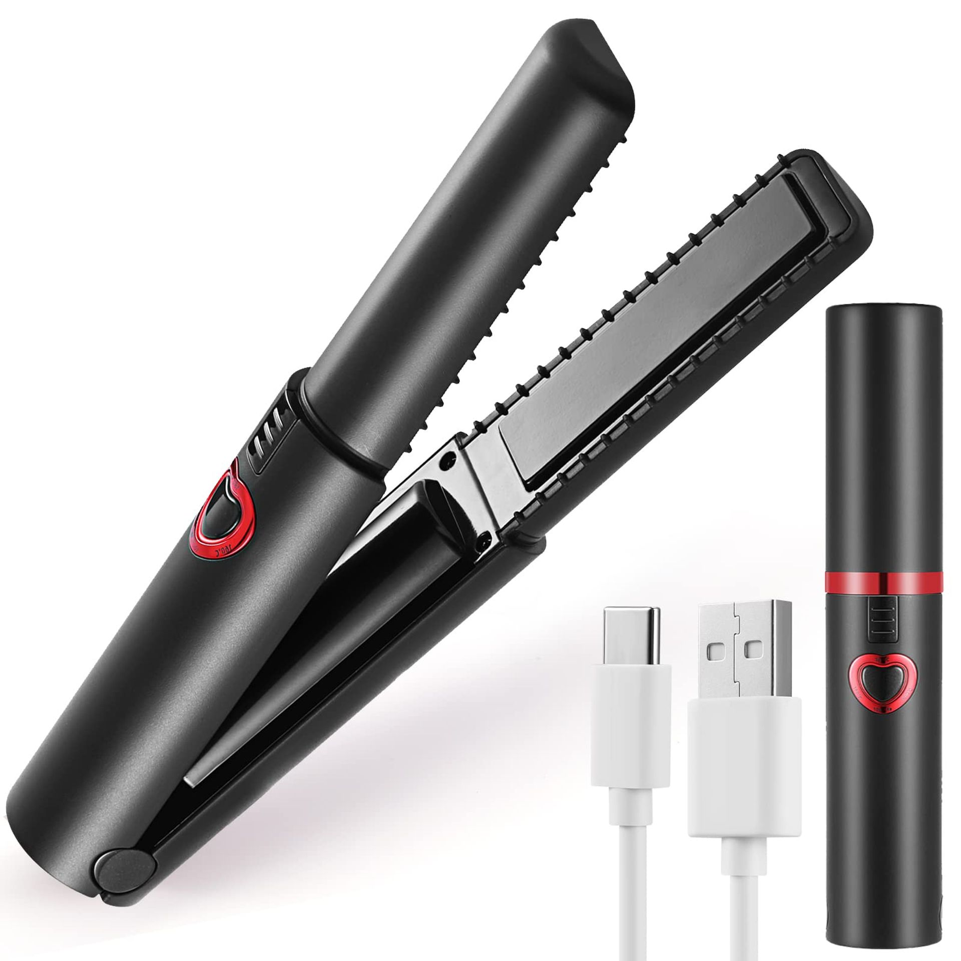 Cordless Hair Straightener and Curler 2-in-1 Portable USB-C Rechargeable with 4800mAh Battery and Adjustable Temperature - Black Mini - Valentines