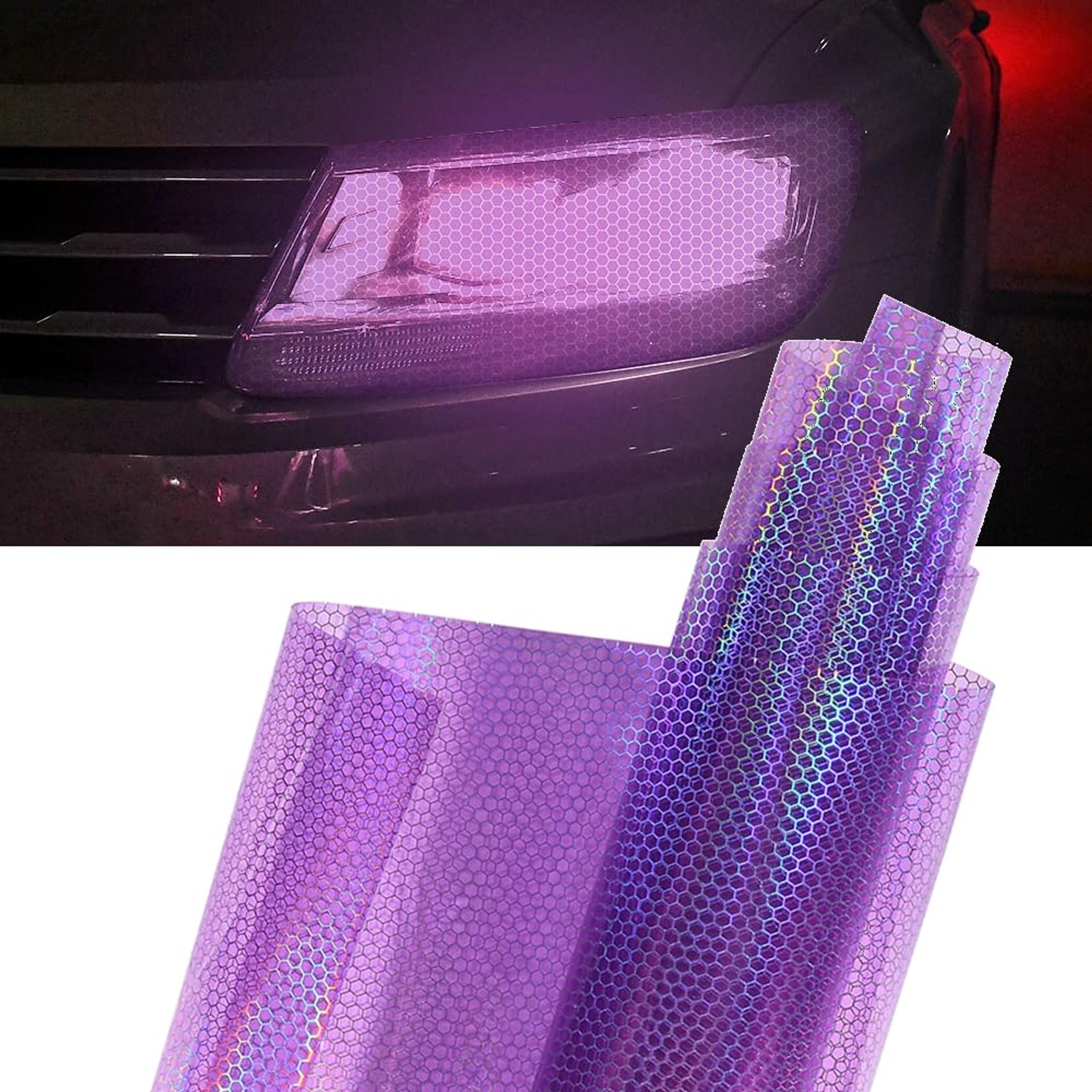 Car Light Tint Film Honeycomb Design Holographic Rainbow Effect Self-Adhesive Headlight & Tail Light Sticker - Purple 30 x 200 cm