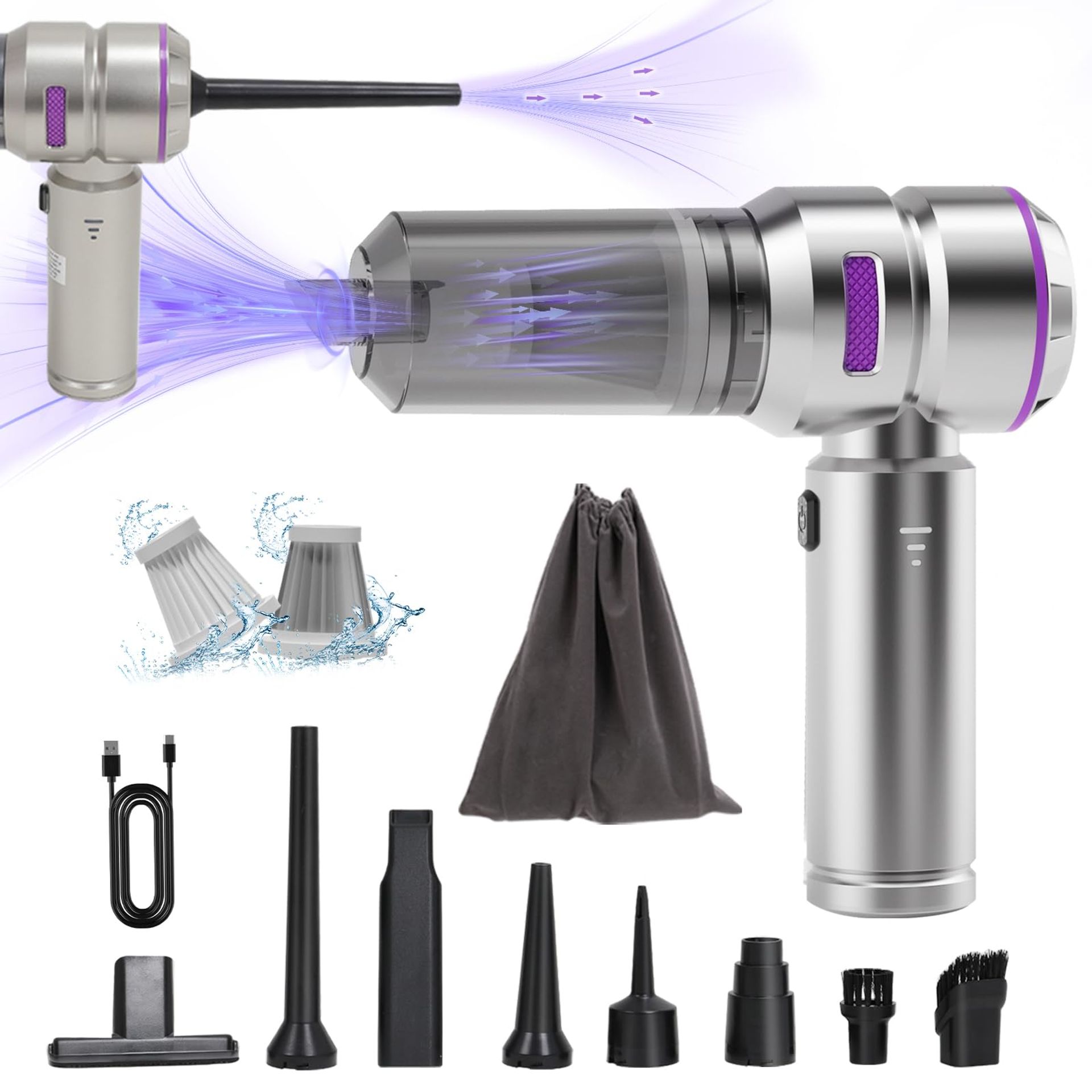 Handheld Vacuum Cleaner 16000PA Cordless Powerful Suction Portable for Home, Car & Pet Hair Cleaning - Silver Purple HL-121
