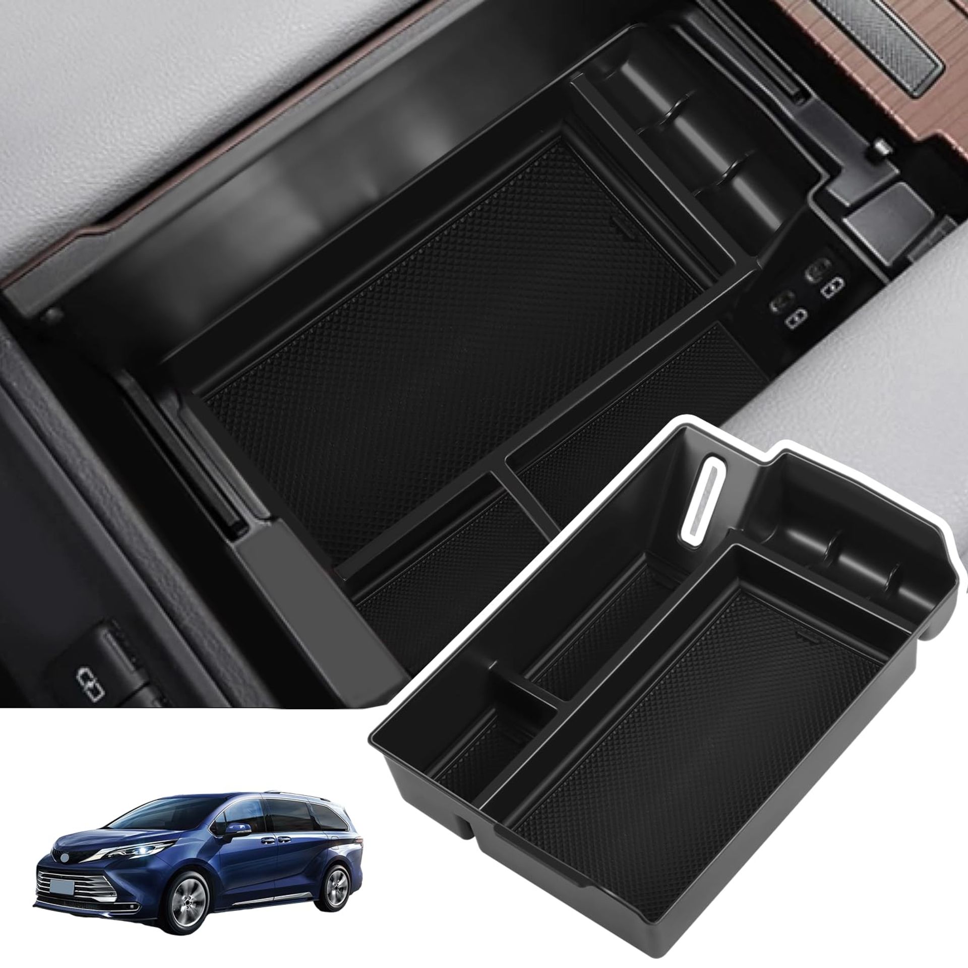 Car Centre Console Organiser Compatible with Toyota Sienna 2021-2024 Non-Slip Armrest Storage Box - Black Model 91063561G73K