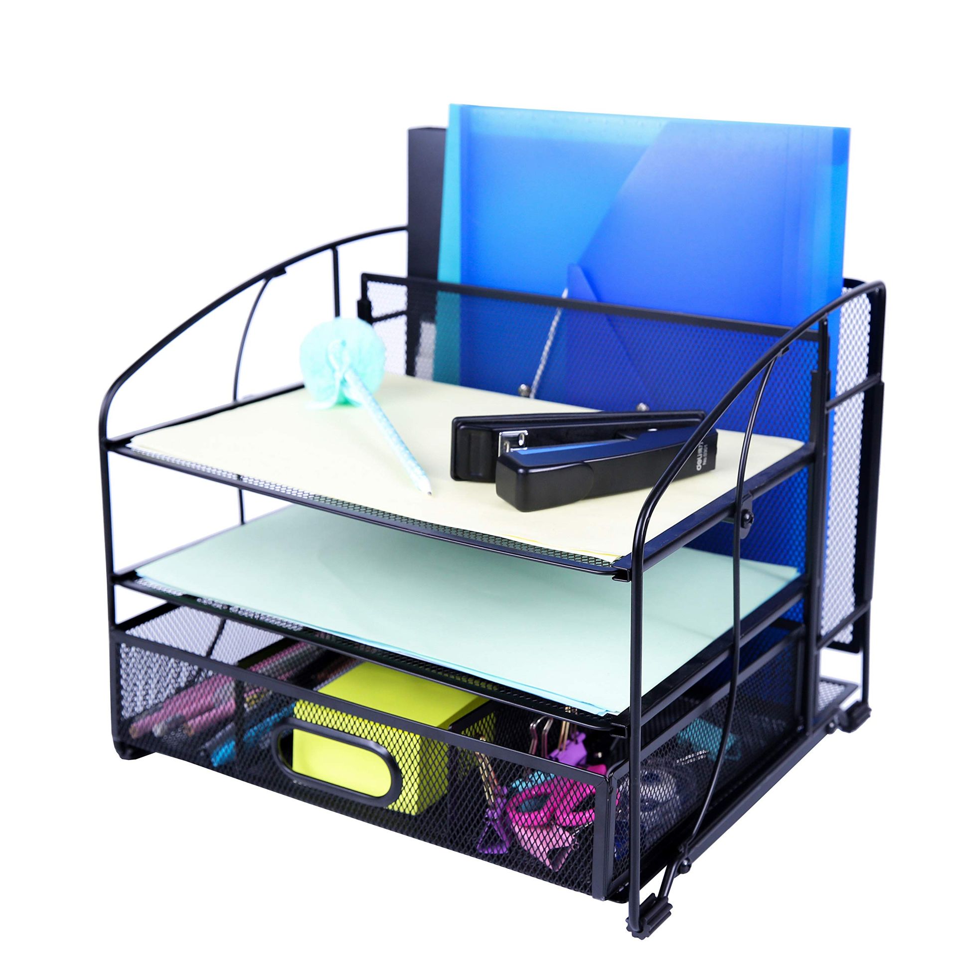 Mesh Desk Organiser with 3 Trays Sliding Drawer Hanging File Holder and Upright Section for Office or Home - Black
