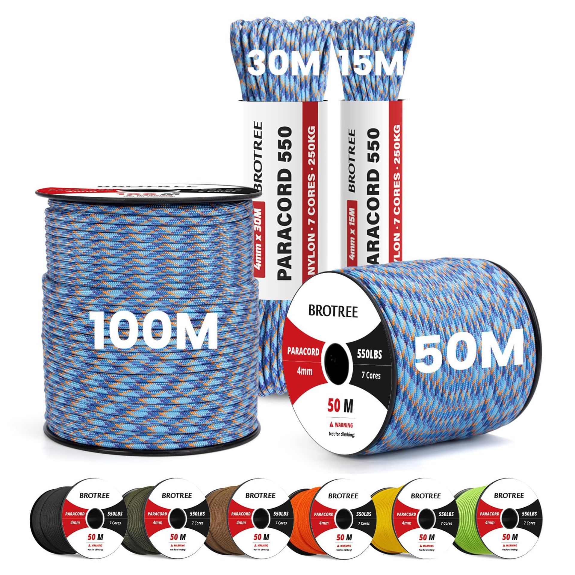 Paracord 550 Nylon Rope 100m, 4mm Diameter, 7 Strand Type III Cord, 250kg Load, Outdoor & DIY Use - Nebula