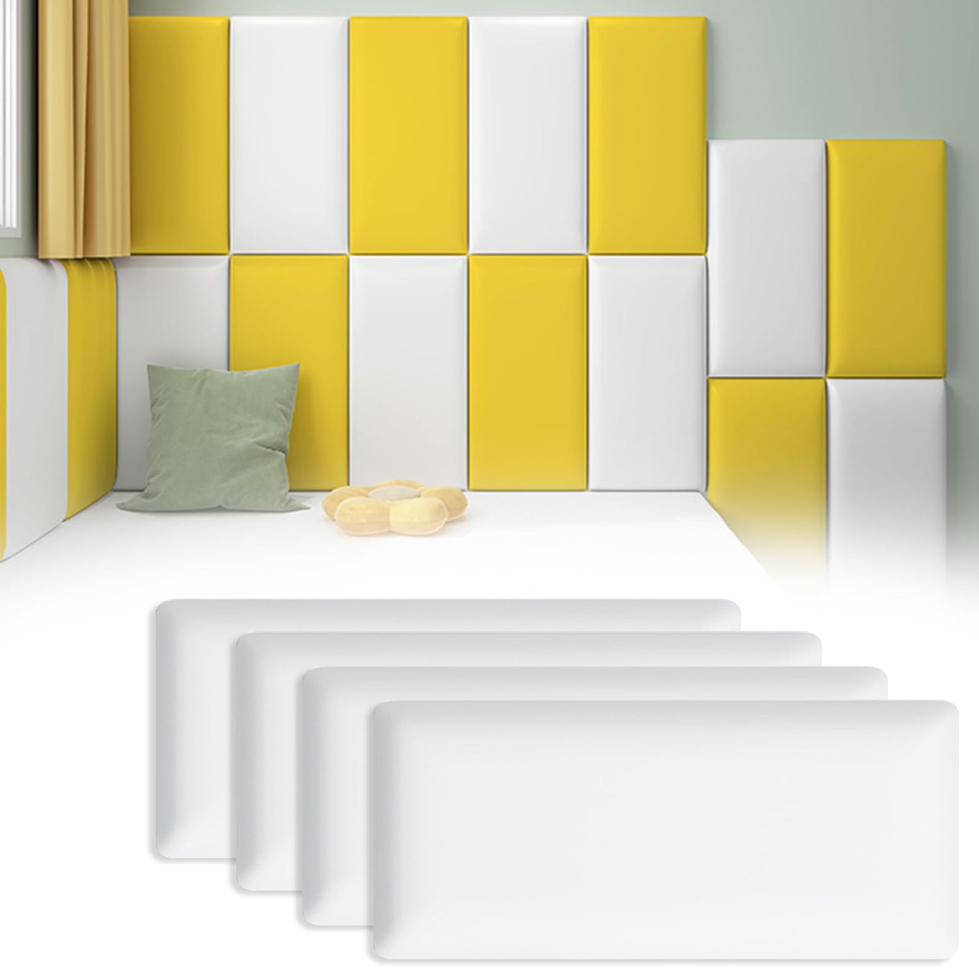 Wall Cushion Padding Anti-Collision Soft Foam Panels for Kids Room, Sound Insulating Protection, Easy Self-Adhesive Installation - White 4 PCs 40x20cm