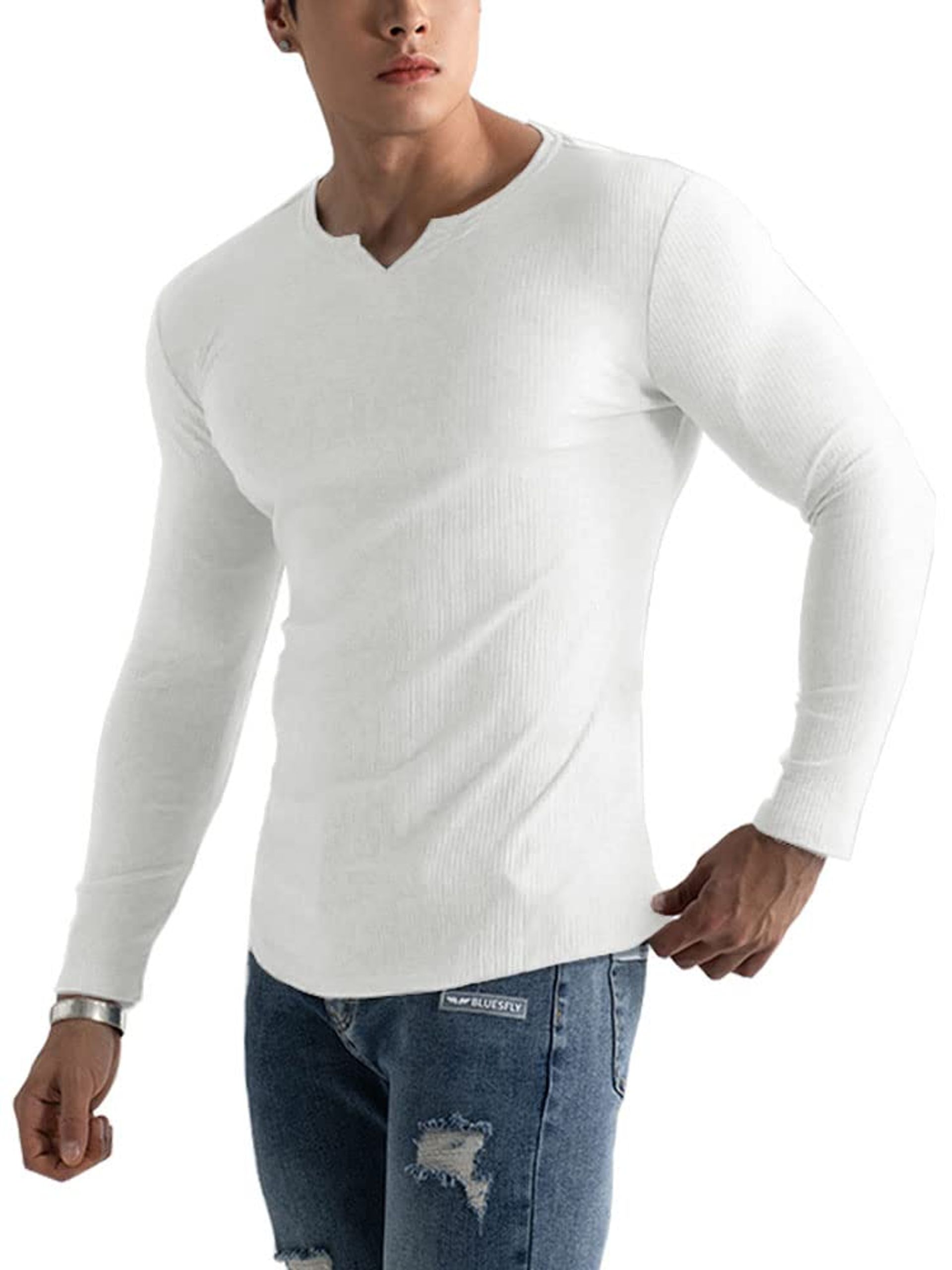 Men's Long Sleeve Henley T-Shirt Slim Fit Stretch Rib Knit V-Neck - White XL