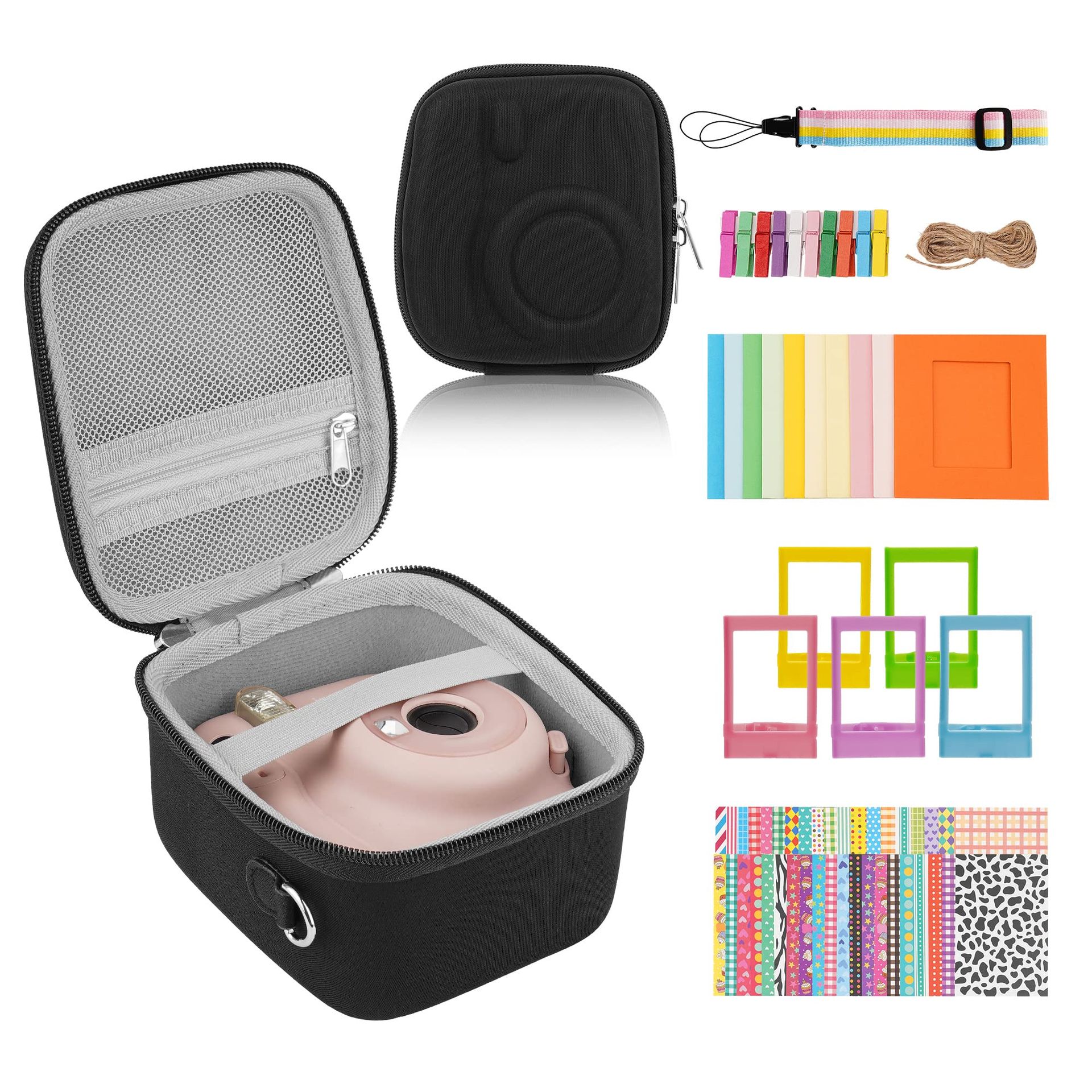 Mini Camera Accessories Bundle Compatible with Instax Mini 12/11/9/8 – Case, Sticker Set, Frames & Strap - Black - Valentines