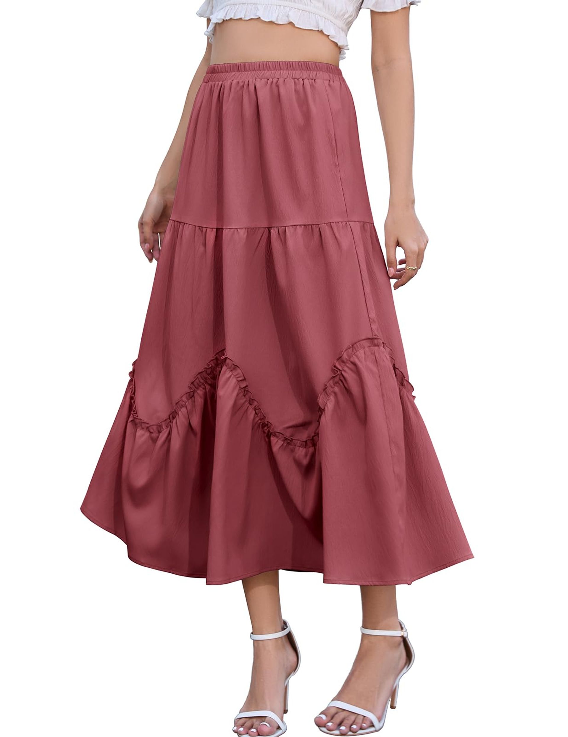 Women's Victorian Maxi Skirt Vintage Flowy High Waist Tiered Ruffle - Pink XL