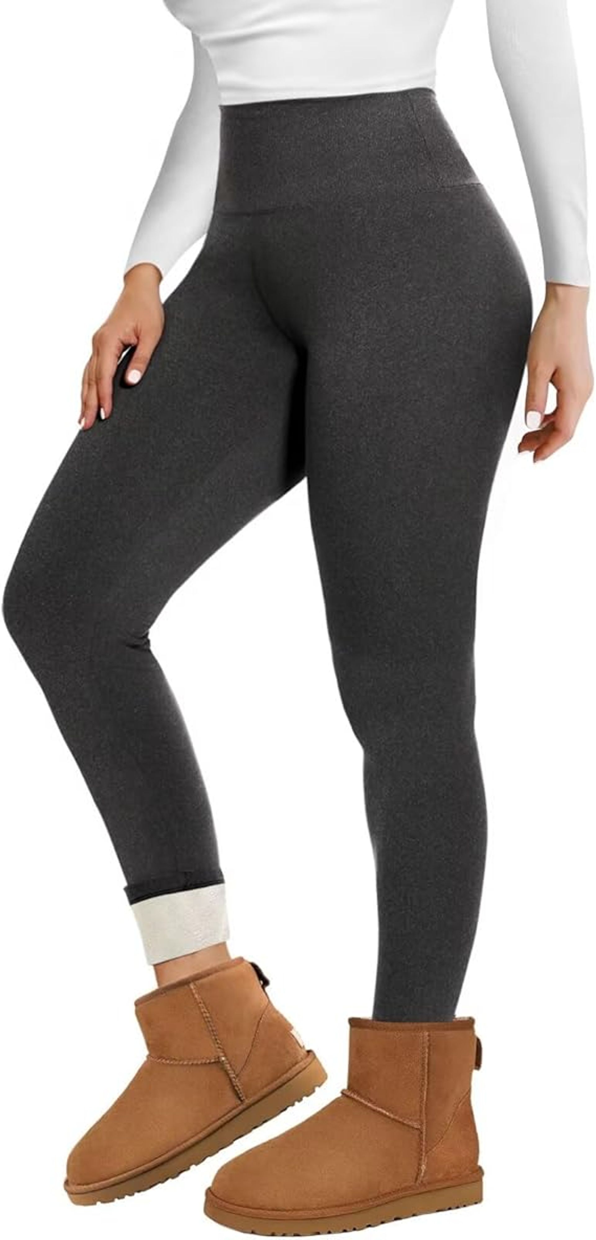 Women's Fleece Lined Thermal Leggings High Waisted Winter Pants - Dark Grey L