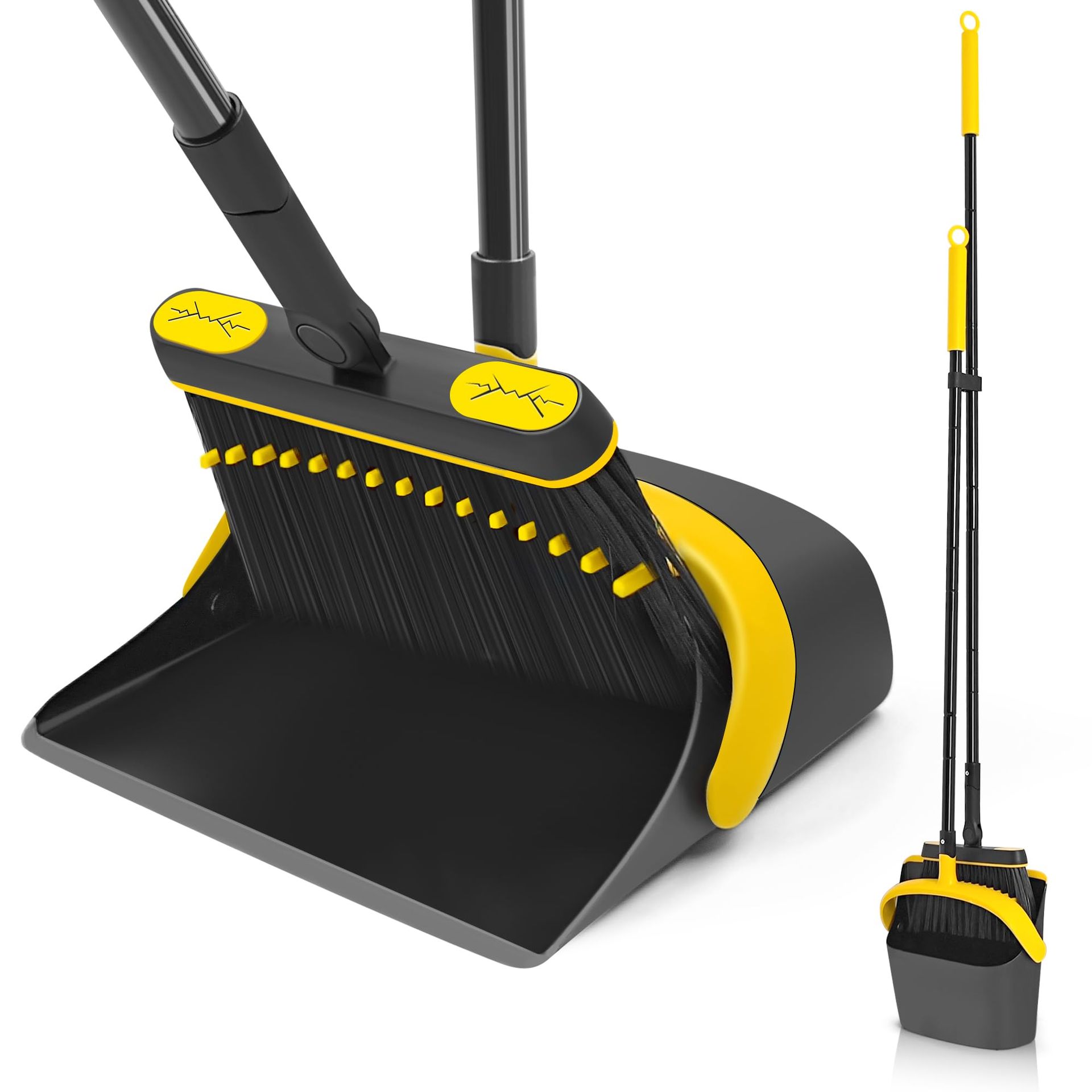 Long Handled Dustpan and Brush Set 138cm Upright Broom with Foldable Pan and Comb Teeth - Black & Yellow
