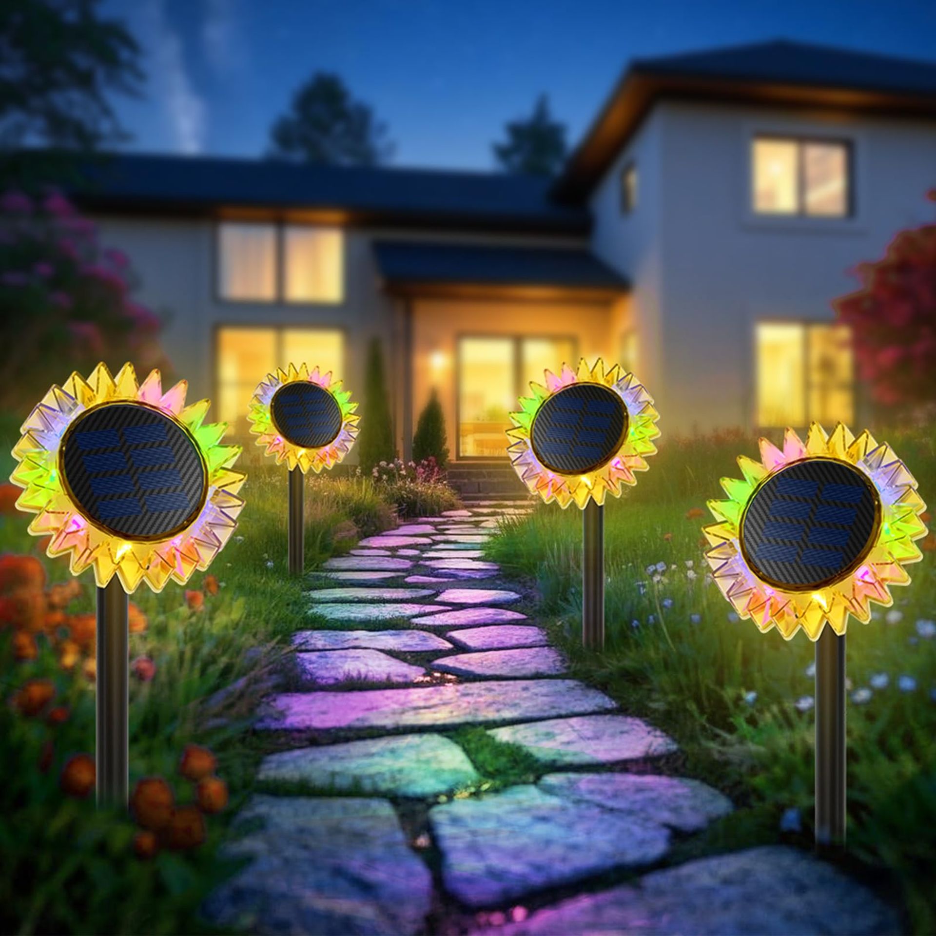 Solar Garden Lights Decorative Sunflower Design Waterproof IP67 2-in-1 Stake & Wall Mounted Outdoor Pathway Lighting 4 Pack - Colourful Light