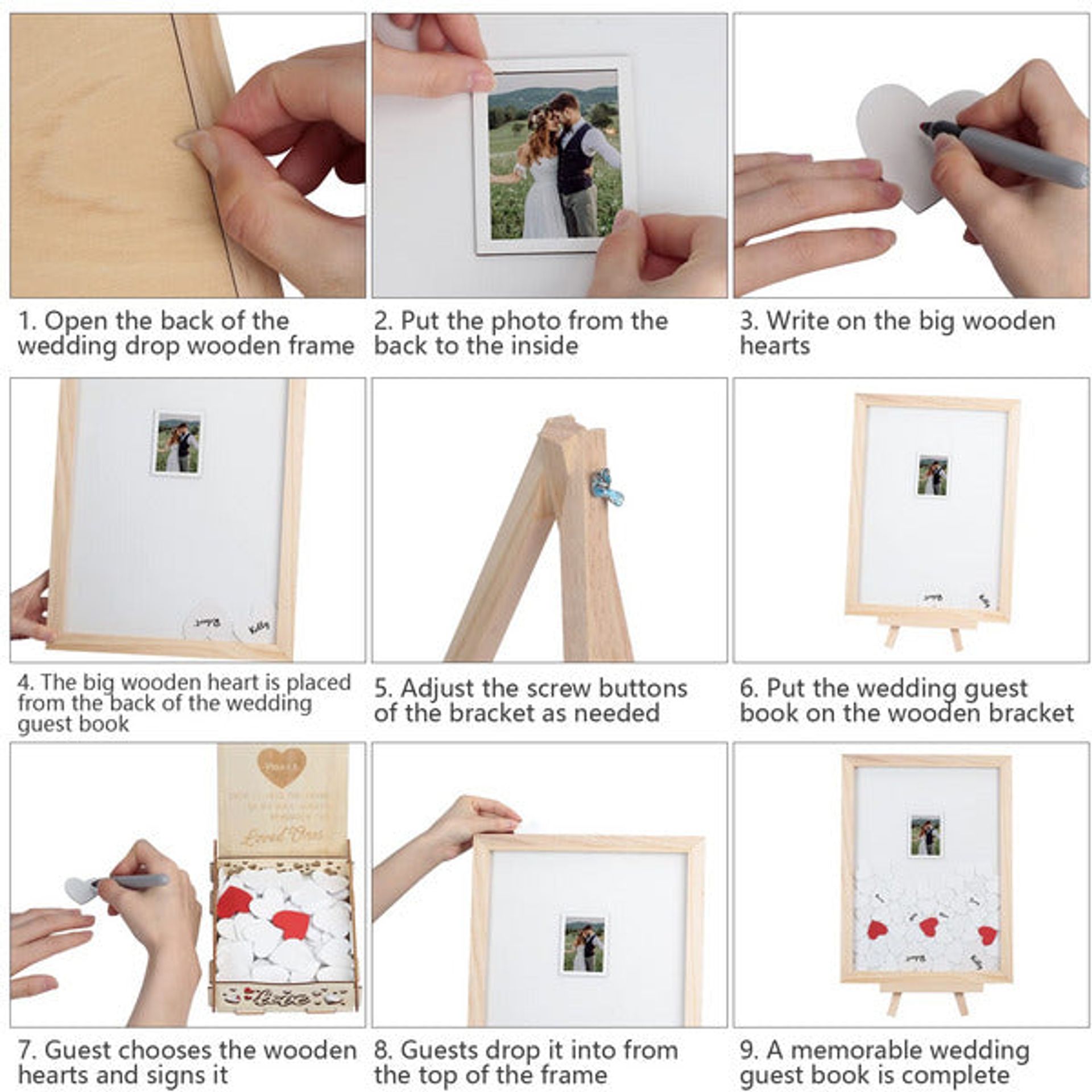 thumbnail image 2 of Wooden Picture Frame Guest Book Alternative – With 90+ Signing Hearts, For Weddings, Baby Showers, Parties 2 of 9