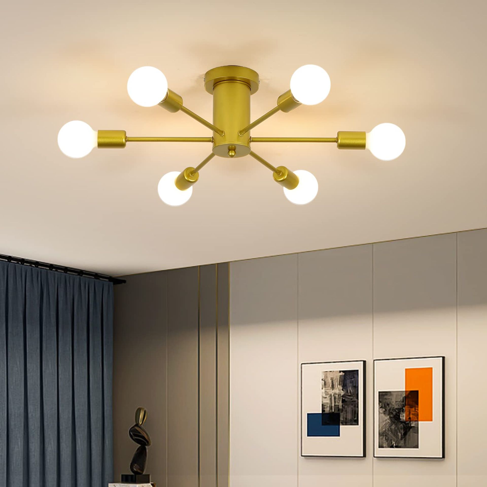 Modern Semi Flush Mount Ceiling Light 6-Light Retro Mid-Century Sputnik Chandelier Fixture for Bedroom, Dining Room, or Hallway - Gold