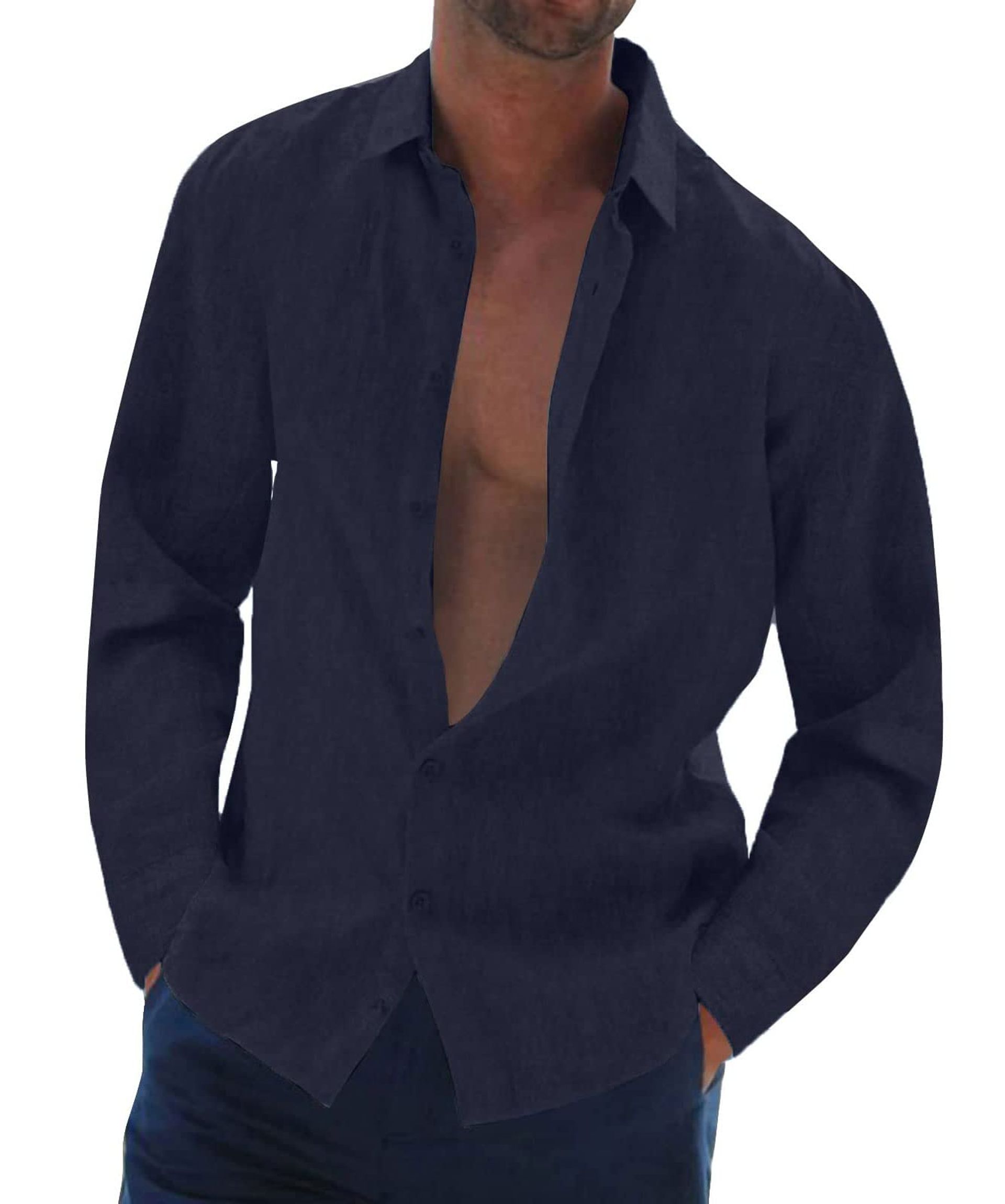 Men's Long Sleeve Linen Cotton Casual Shirt Button Down Summer Holiday Wear - Navy 3XL