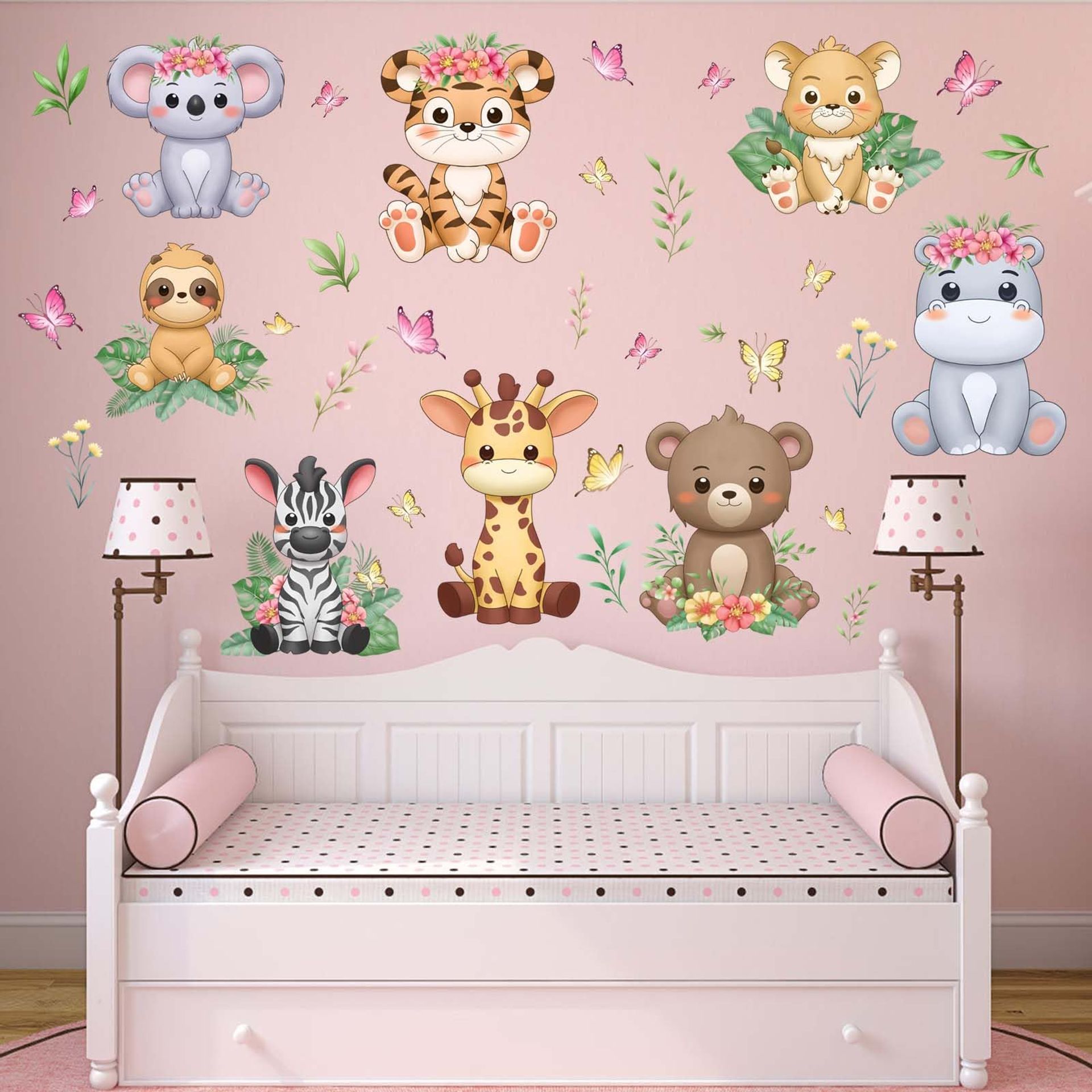 PinkEleph Forest Baby Animals Wall Decals - Giraffe Tiger Lion Bear Hippo Koala Wall Stickers - Baby Nursery Kids Room Daycare Playroom Classroom Wall Decor