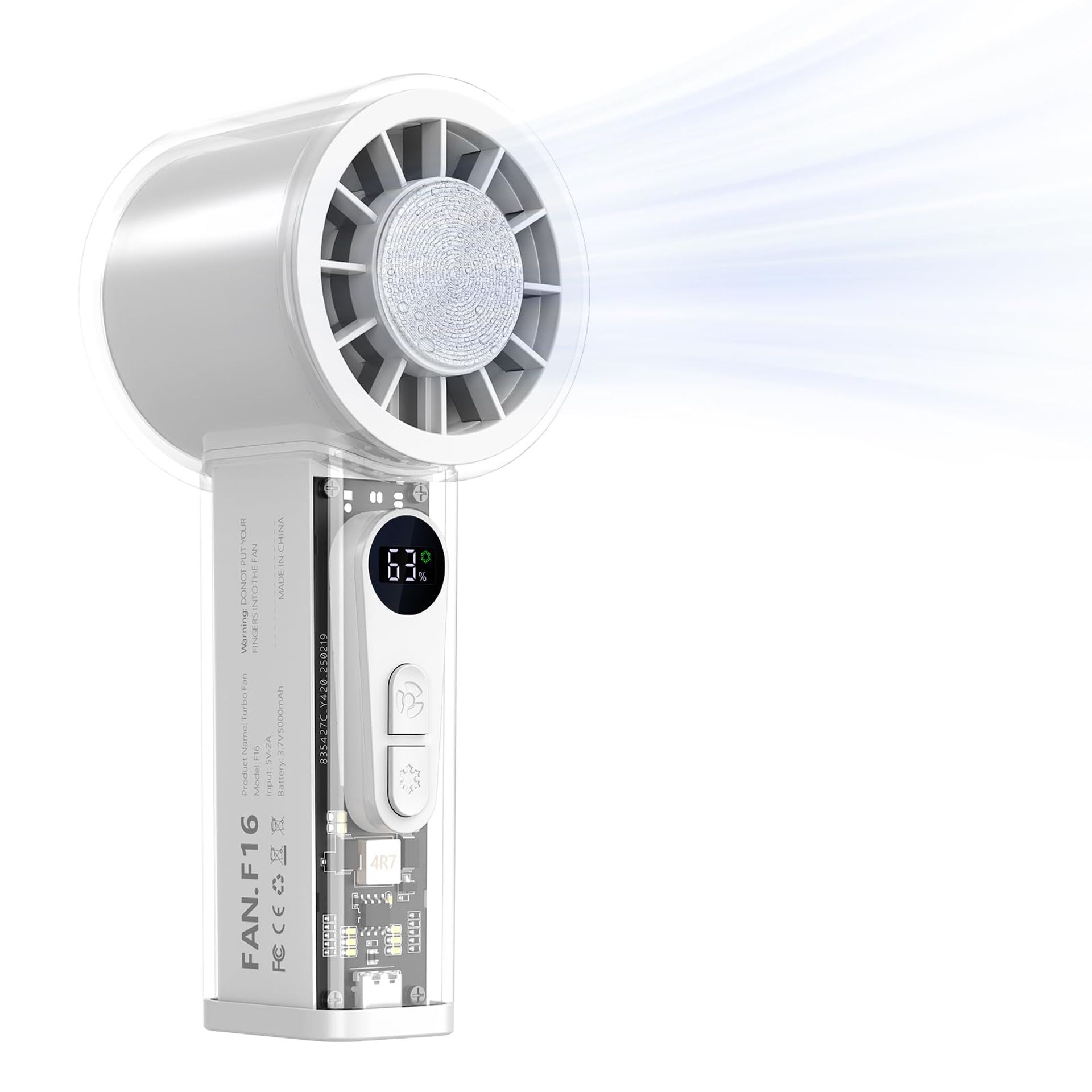 Handheld Turbo Fan with Ice Cooling Dual Airflow 5000mAh Rechargeable Battery 6-Speed Personal Fan - White temF16