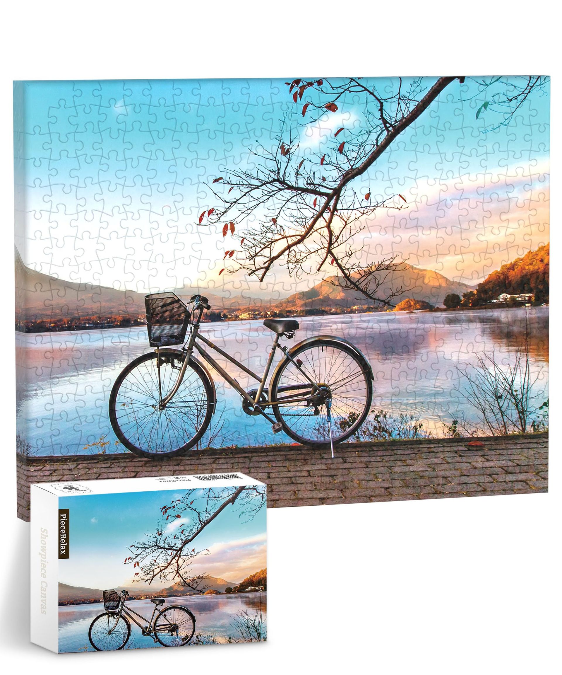 Canvas Wall Art Jigsaw Puzzle for Adults Decorative Home Décor Gift - Away from the City Bicycle by the Serene Lake 12x9.25in HN1314 - Spring Refresh