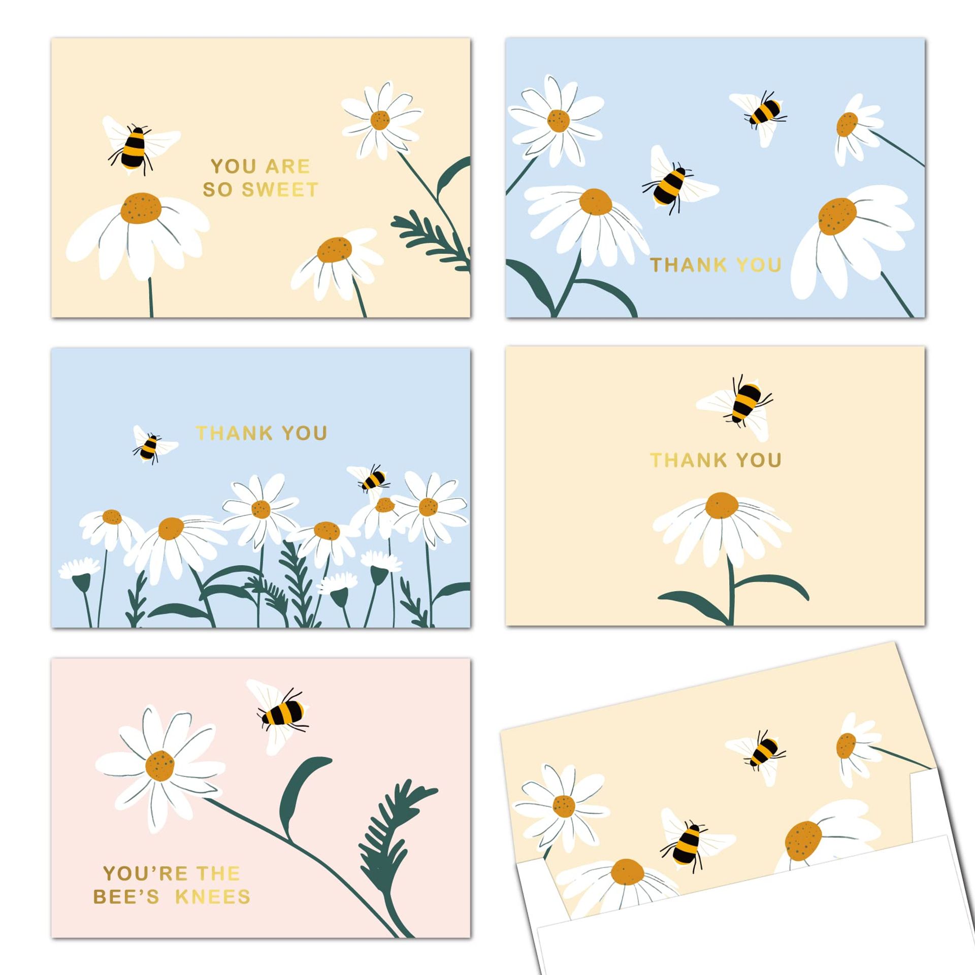 Bee & Daisy Gold Foil Thank You Cards 4x6 (20-Pack) with Envelopes | Perfect for Weddings, Birthdays, Showers - Valentines