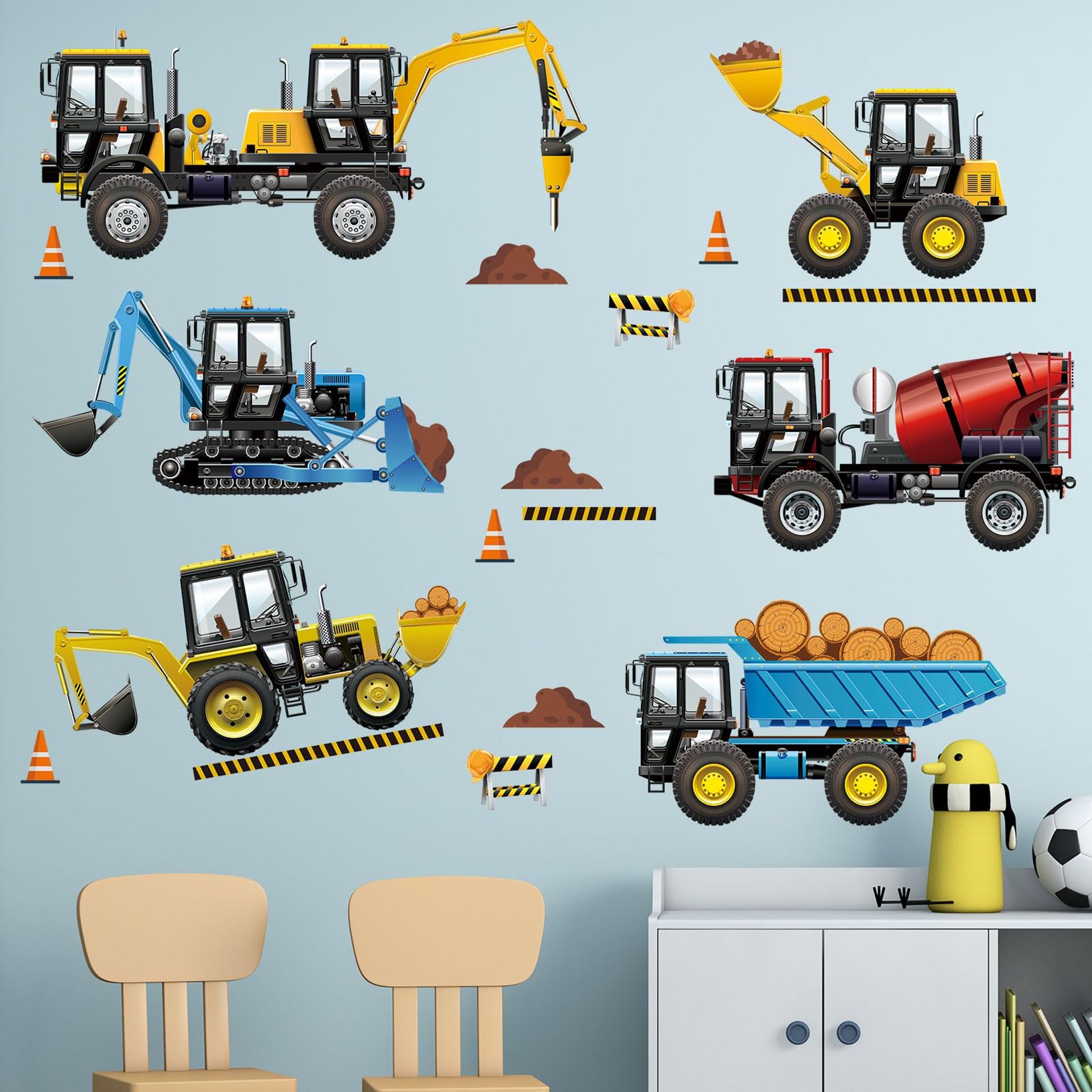 Colourful Peel & Stick Construction Vehicle Wall Decals for Kids' Rooms - Ages 1-12