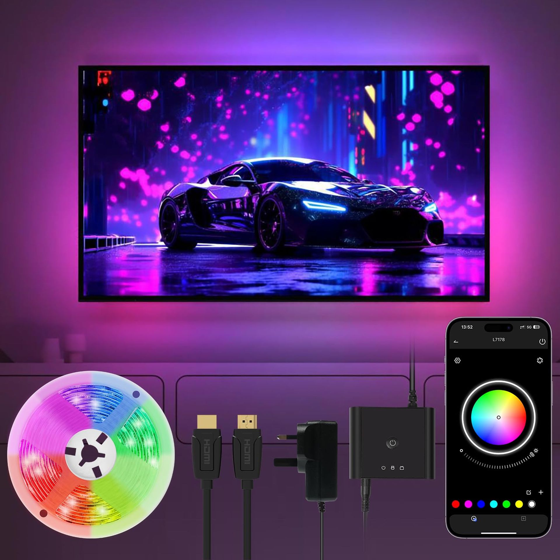 LED TV Backlights 5M Strip Lights for 45-75 Inch TV Bluetooth APP Control Music Sync RGB Colour Changing - Black 5m