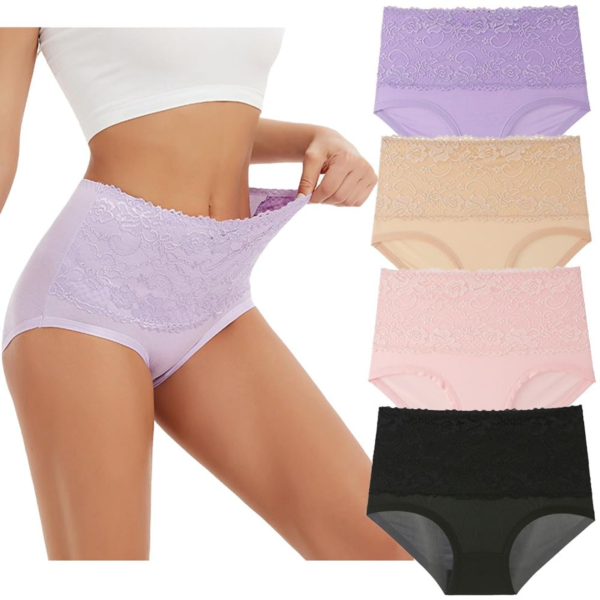Women's High Waisted Lace Knickers - Full Coverage Tummy Control Briefs (M-5XL) - 4 Pack