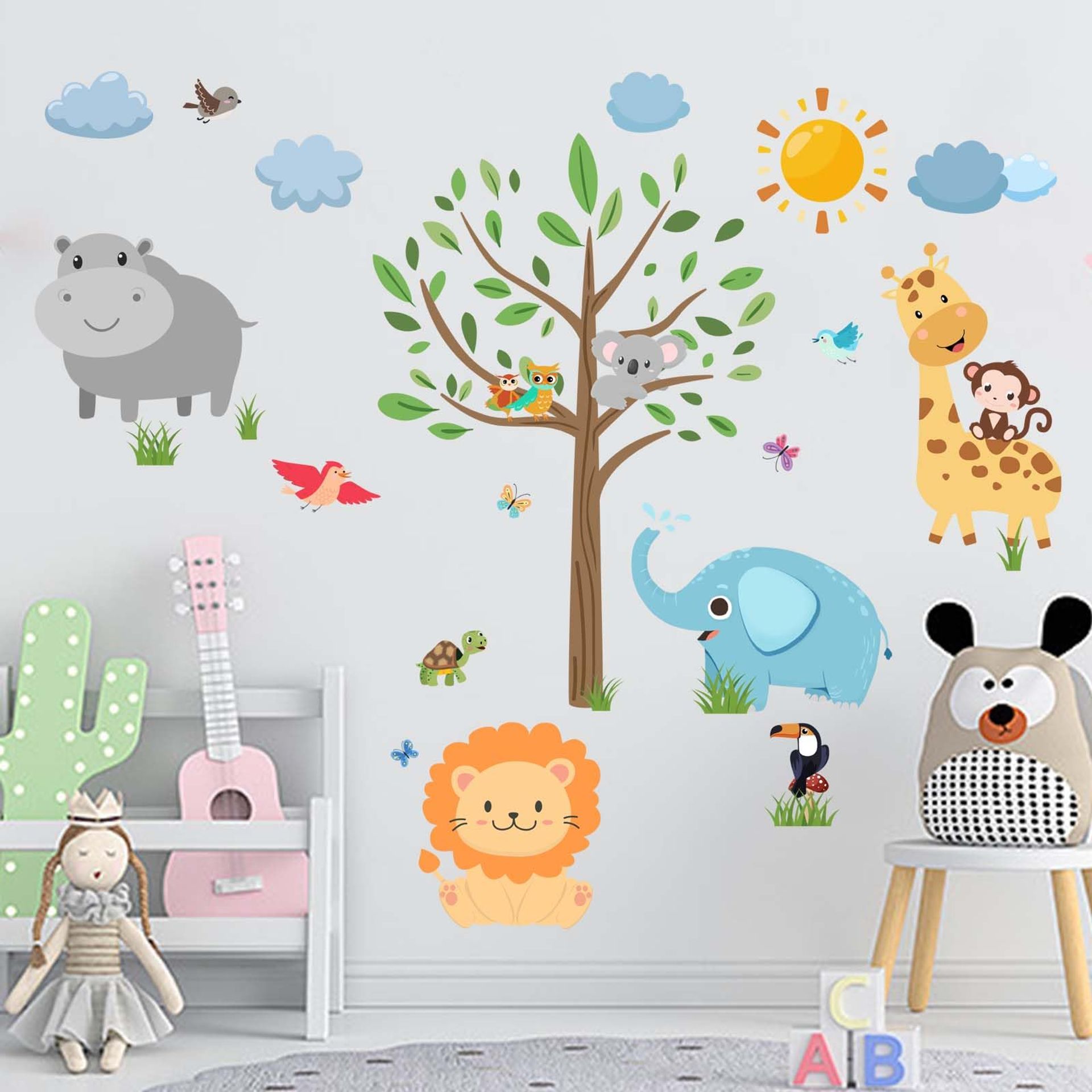 Amimagen Jungle Baby Animals Wall Stickers - Elephant Lion Giraffe Hippo Forest Wall Decals - Baby Nursery Kids Room Daycare Playroom Classroom Wall Decor