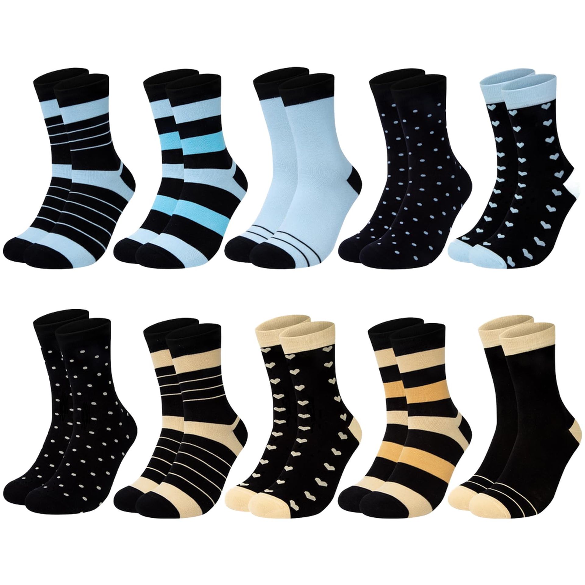 10 Pairs Women's Colourful Socks with Stripes, Dots & Hearts - Perfect Gift