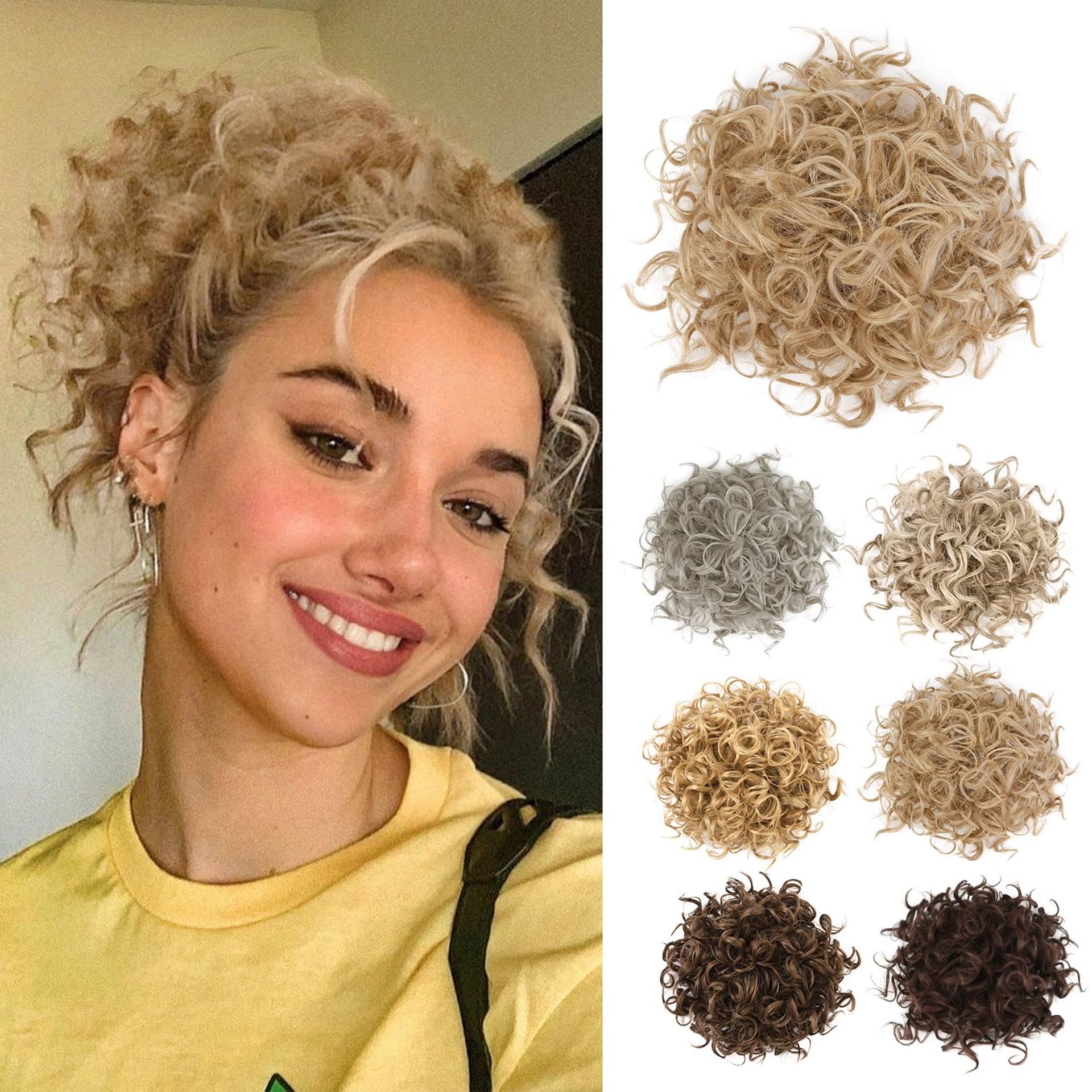 REECHO Messy Bun Hair Piece, Elastic Drawstring Hair Bun Extensions Large Curly Wave Fake Bun Top Knot Updo Hairpiece for Women - Dark Golden Blonde