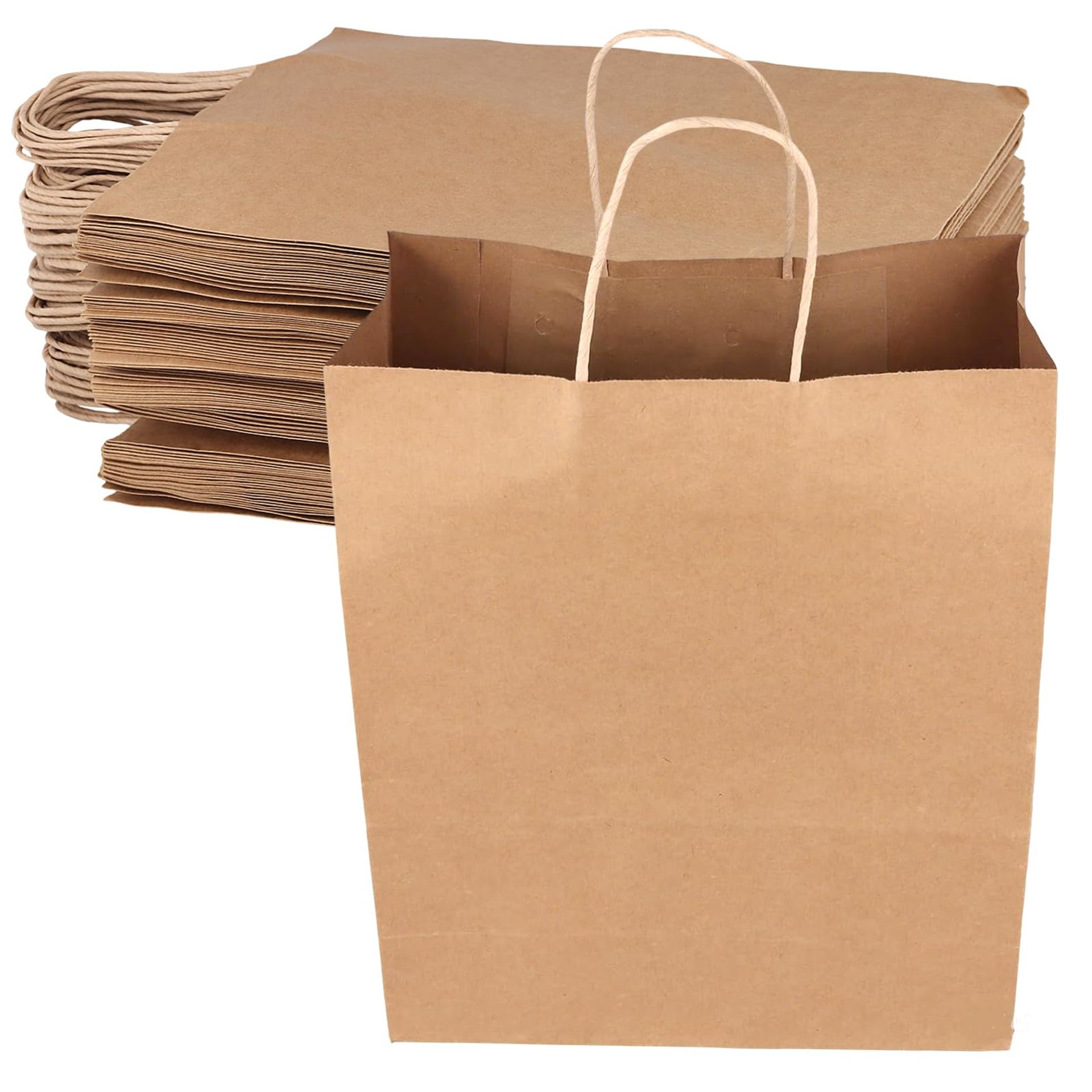 50 Pack Large Kraft Paper Gift Bags with Handles, Recyclable Brown Party & Shopping Bags 26 x 12 x 33 cm